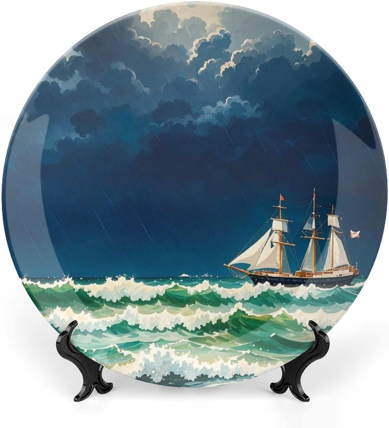 Stormy Waves Vintage Sailboat Ceramic Plate 10inch Decorative Bone China Wall Hanging Ornament Plates Bohemian Style Dinner Plate with Display Stand Cabinet Display Plates for Home Art Decor