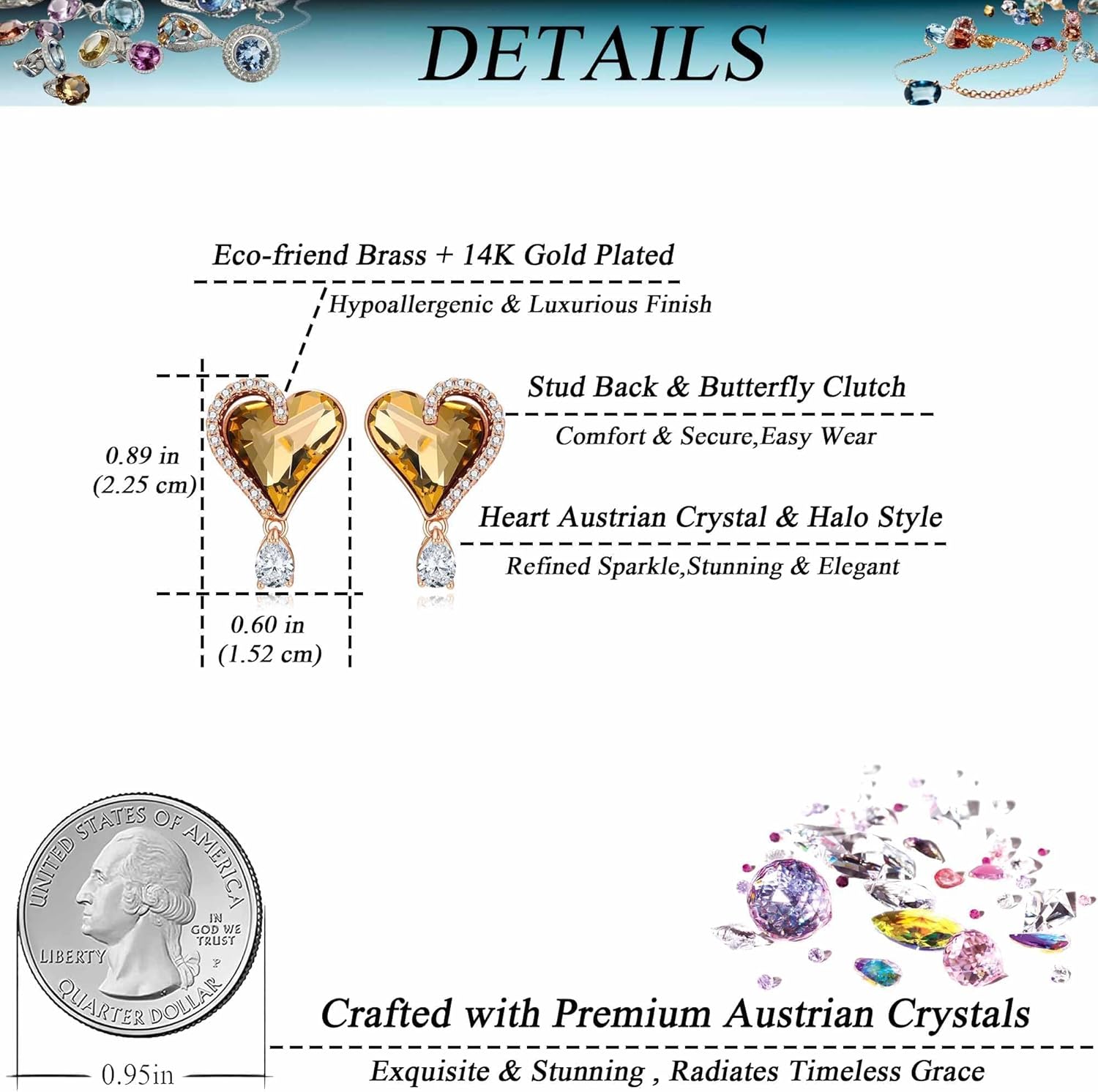 Austrian Crystal Heart Stud Earrings for Women Trendy Halo Drop Earrings 14K Gold Plated Hypoallergenic Jewelry - Image 5