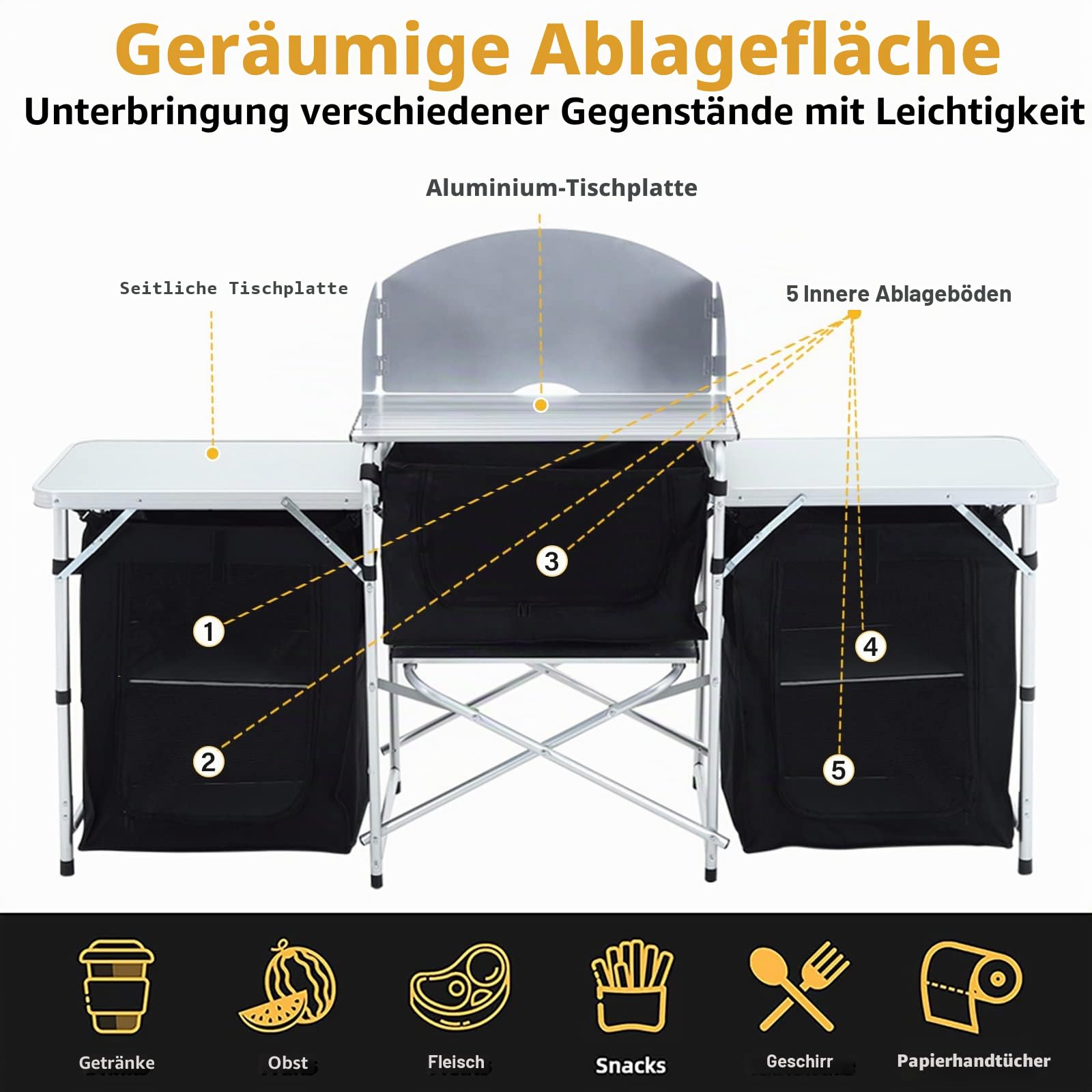 Warmiehomy Campingküche Schrank Faltbar, Tragbarer Campingschrank mit Aluminiumgestell, 3 Schränkfach & Abnehmbare Platte, Outdoor Küchenschrank für Picknick, Reisen, Strand, Schwarz, 175×40×110 cm