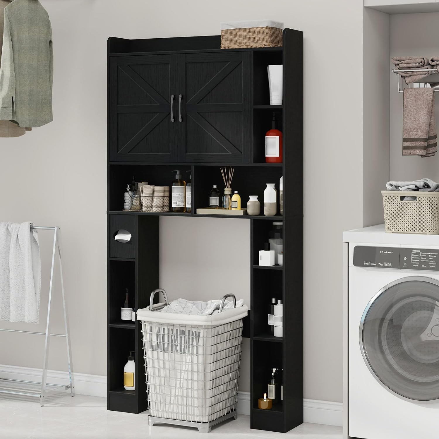 Vabches Over The Toilet Cabinet, Double Doors Bathroom Shelf Organizer with Toilet Paper Holder Stand and Open Storage Shelf, Small Freestanding Space Saver for Restroom, Bathroom, Laundry, Black
