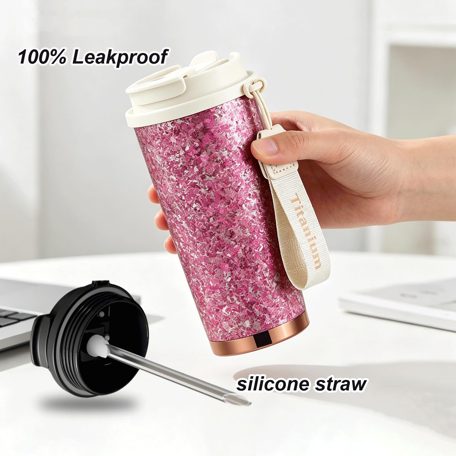 Taza Térmica de Titanio con Pajita, 500ml, Taza de Café para Llevar con Tapa, Hermética al Vacío a Prueba de Fugas, Doble Pared Aislada, Taza de Viaje para Bebidas Calientes y Frías, Rojo