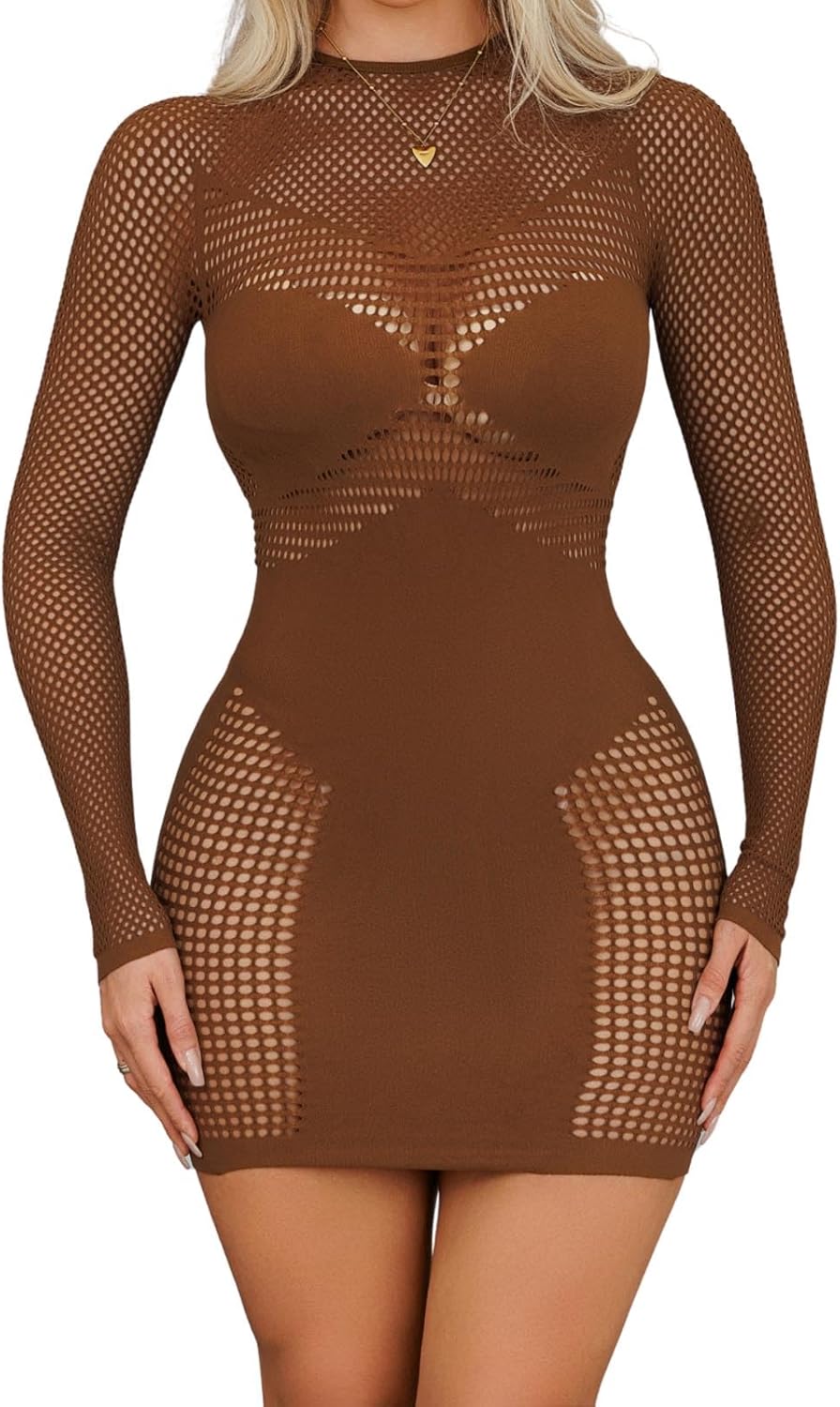 Womens Sexy Seamless Long Sleeve Mini Dress, Sheer Cutout Round Neck Short Bodycon Dresses