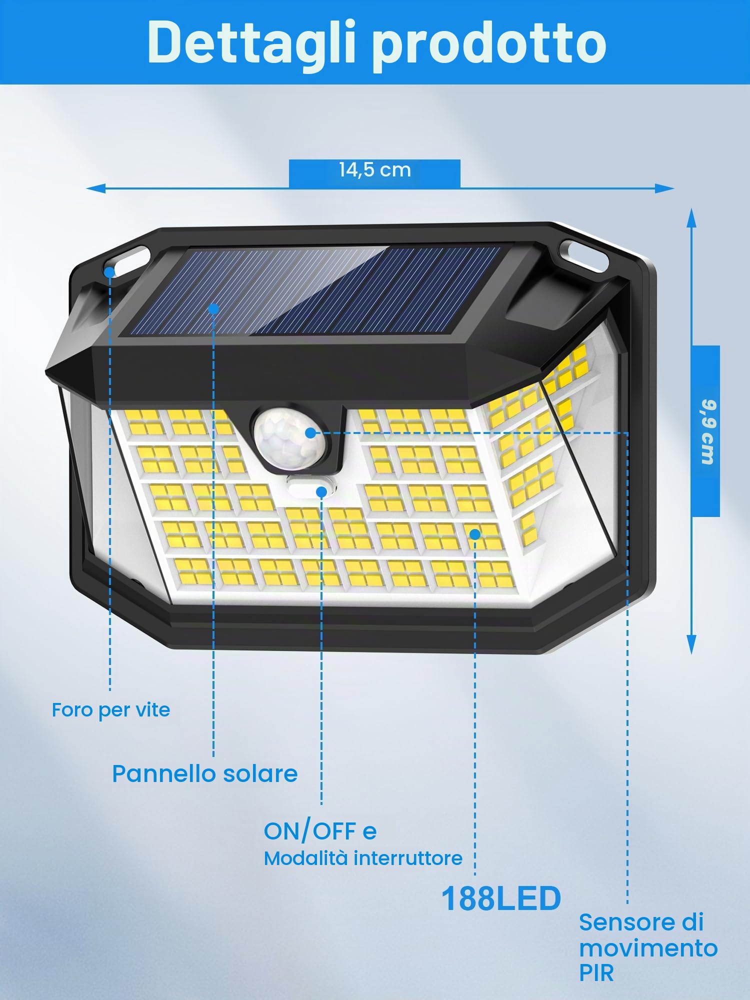 Luci solari per esterni, 188 LED, confezione da 6, luce bianca fredda, sensore di movimento, impermeabile IP65, 3 modalità, luci di inondazione ad energia solare, per giardino, porta, cortile