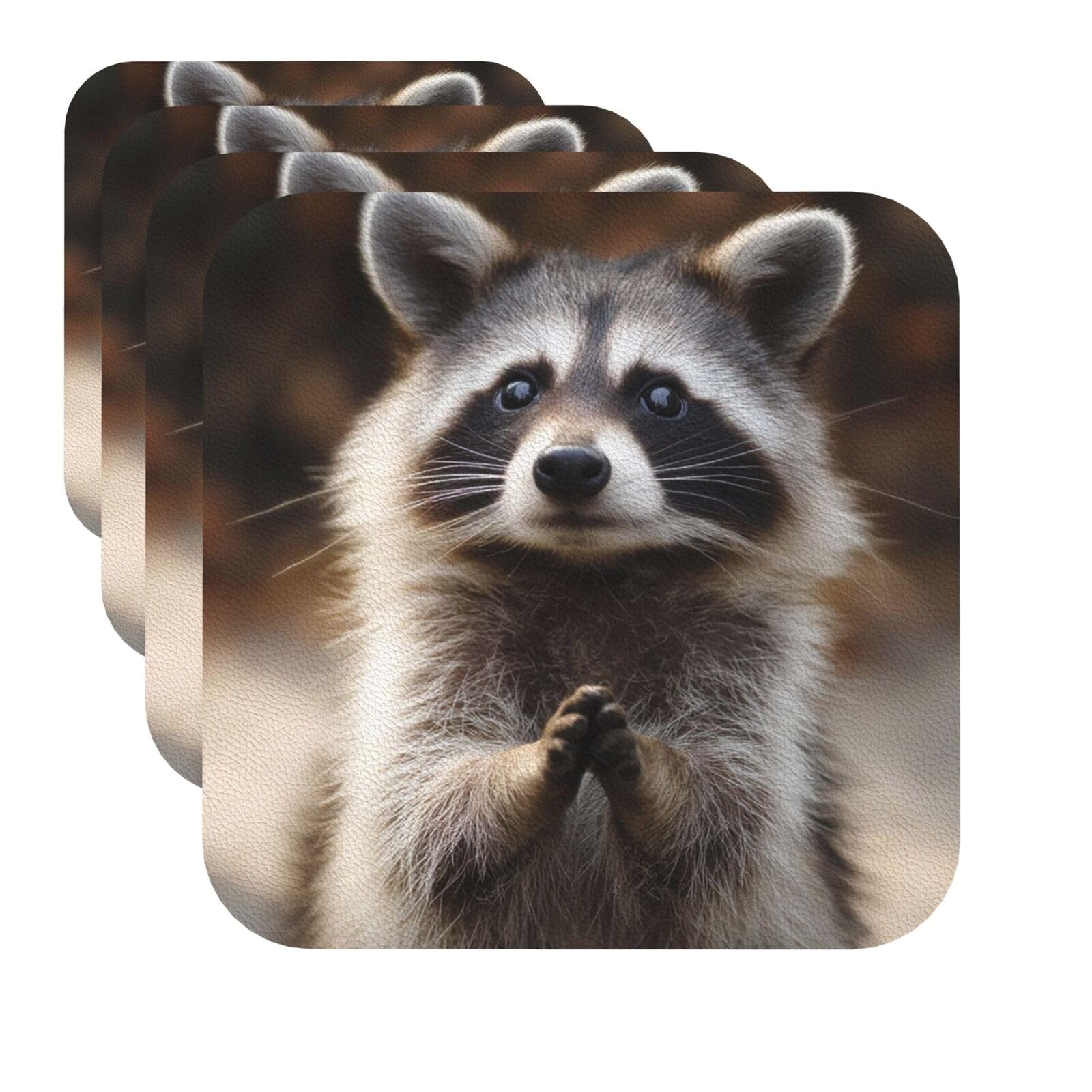 Drink Coasters Set of 4 Quick-Dry Leather Coaster raccoon Coasters for Drinks Coffee Cup Mat Tabletop Protection Heat Resistant Coaster for Kitchen Bar Office Home Decor