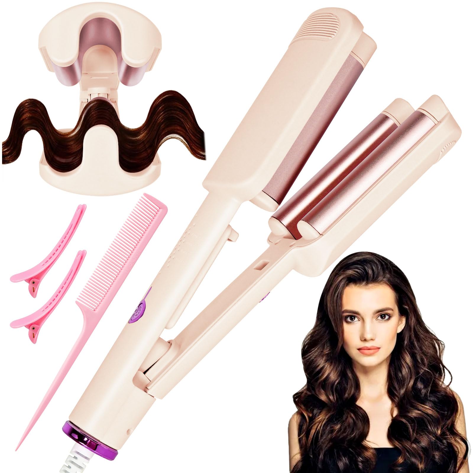 2 Fässer Meerjungfrau Welleneisen für Haare: 32mm Welleneisen Lockenstab, Beach Waves Lockenstab mit 4 Einstellbaren Temperaturen, Hitzeschutz & Reisesicherung | Locken für alle Haartypen