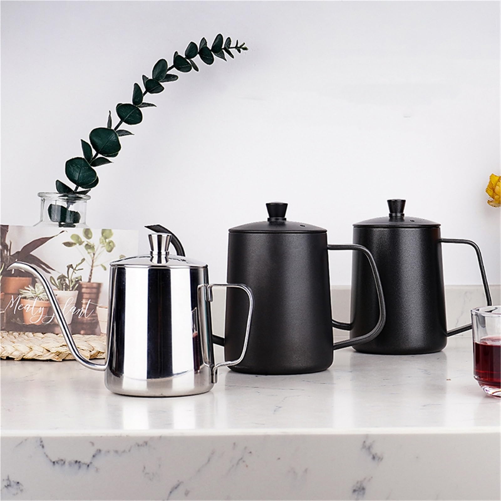 Hervidor De Café Tetera de goteo de 350ML/600ML, tetera de café con revestimiento antiadherente, tetera de goteo de café de boca fina con cuello de cisne de acero inoxidable Para Café，Té(Black 600ml)