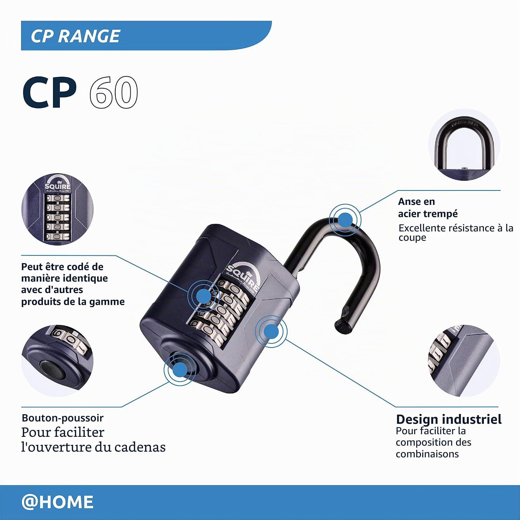 Cadenas Squire robuste (CP60) - Anse en acier la plus résistante - Cadenas à combinaison à 5 viroles - Acier allié anticorrosif - Cadenas étanche pour maison, école et garage (Bleu, 60 mm)