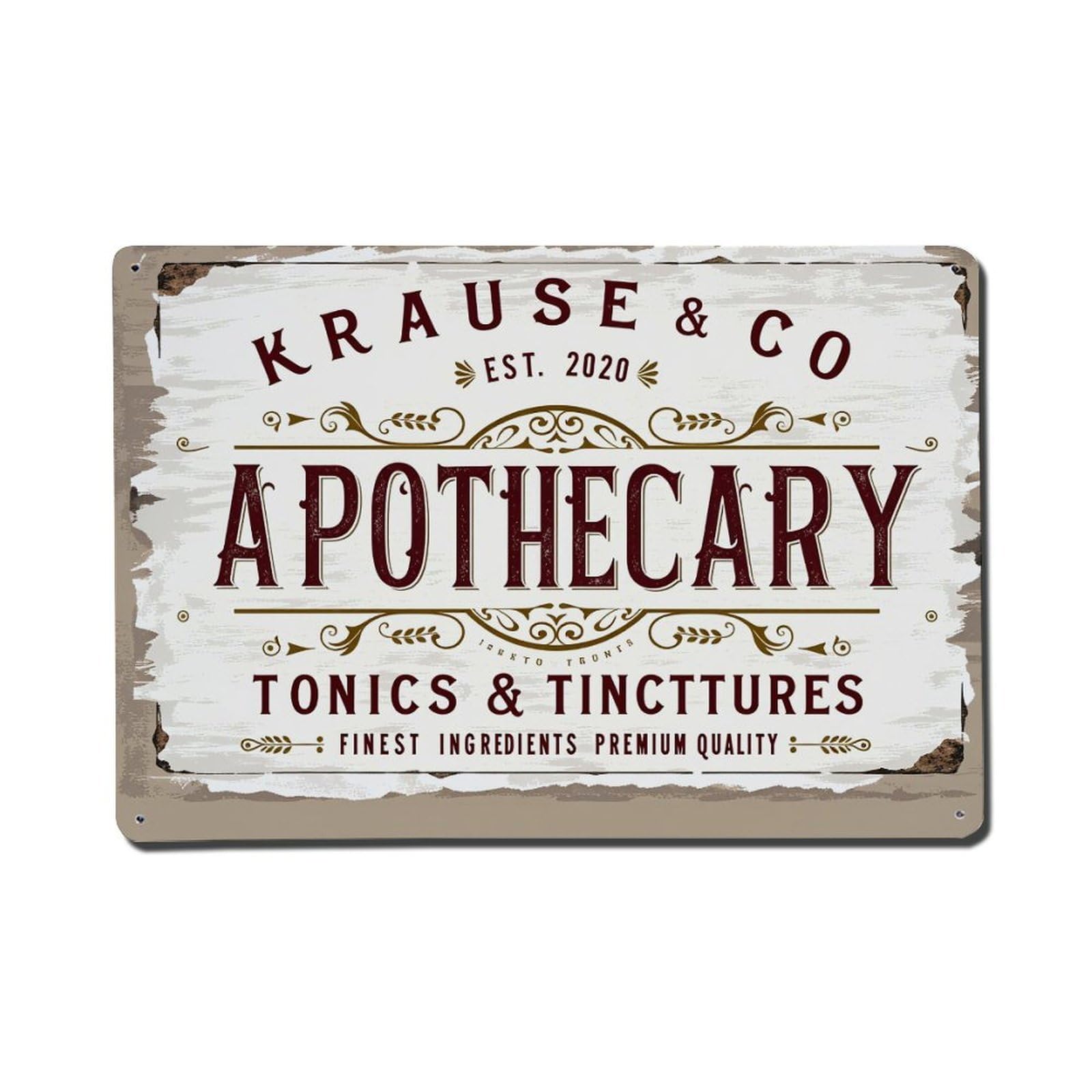 Vintage Apothecary Label Design Pattern Tin Sign Vintage Metal Poster, Home Bar Garage Man Cave Cafe Indoor & Outdoor Wall Decoration 8x12Inches