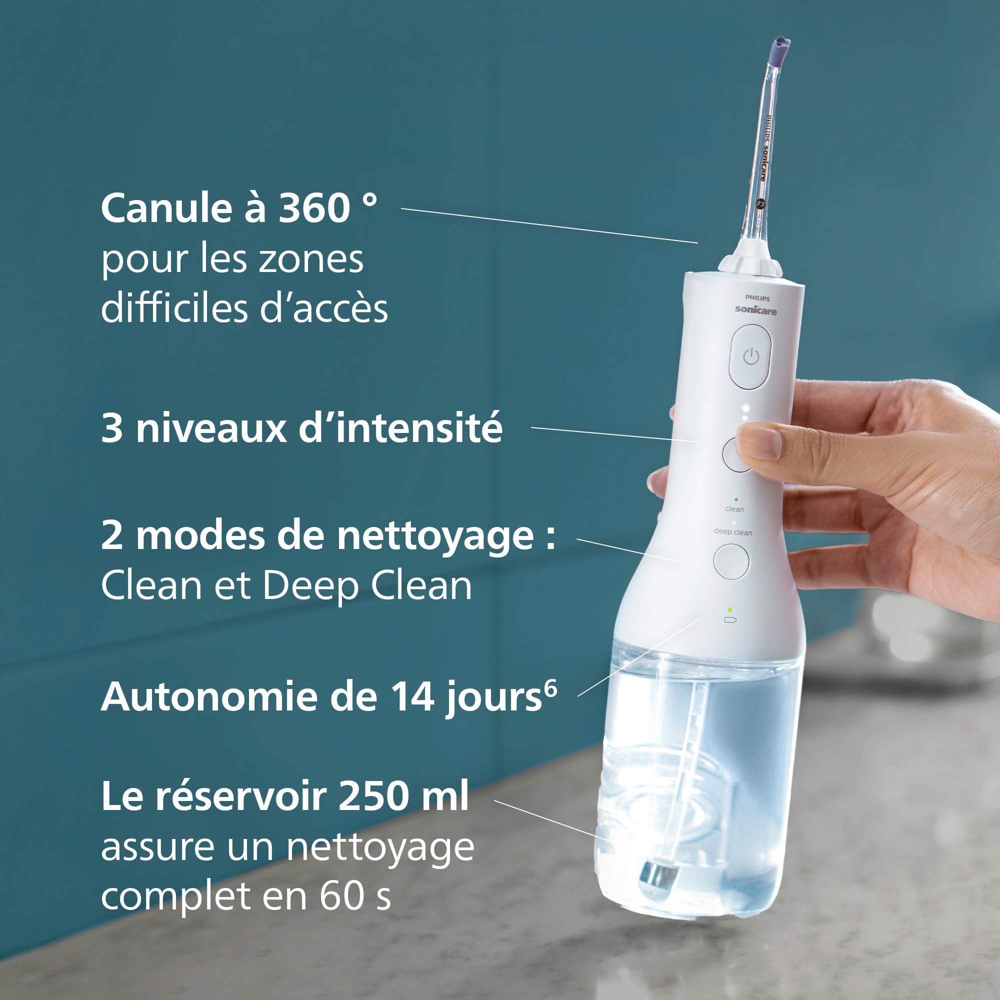 Philips Sonicare Jet dentaire Power Flosser 3000 sans fil, Blanc (modèle HX3826/31)