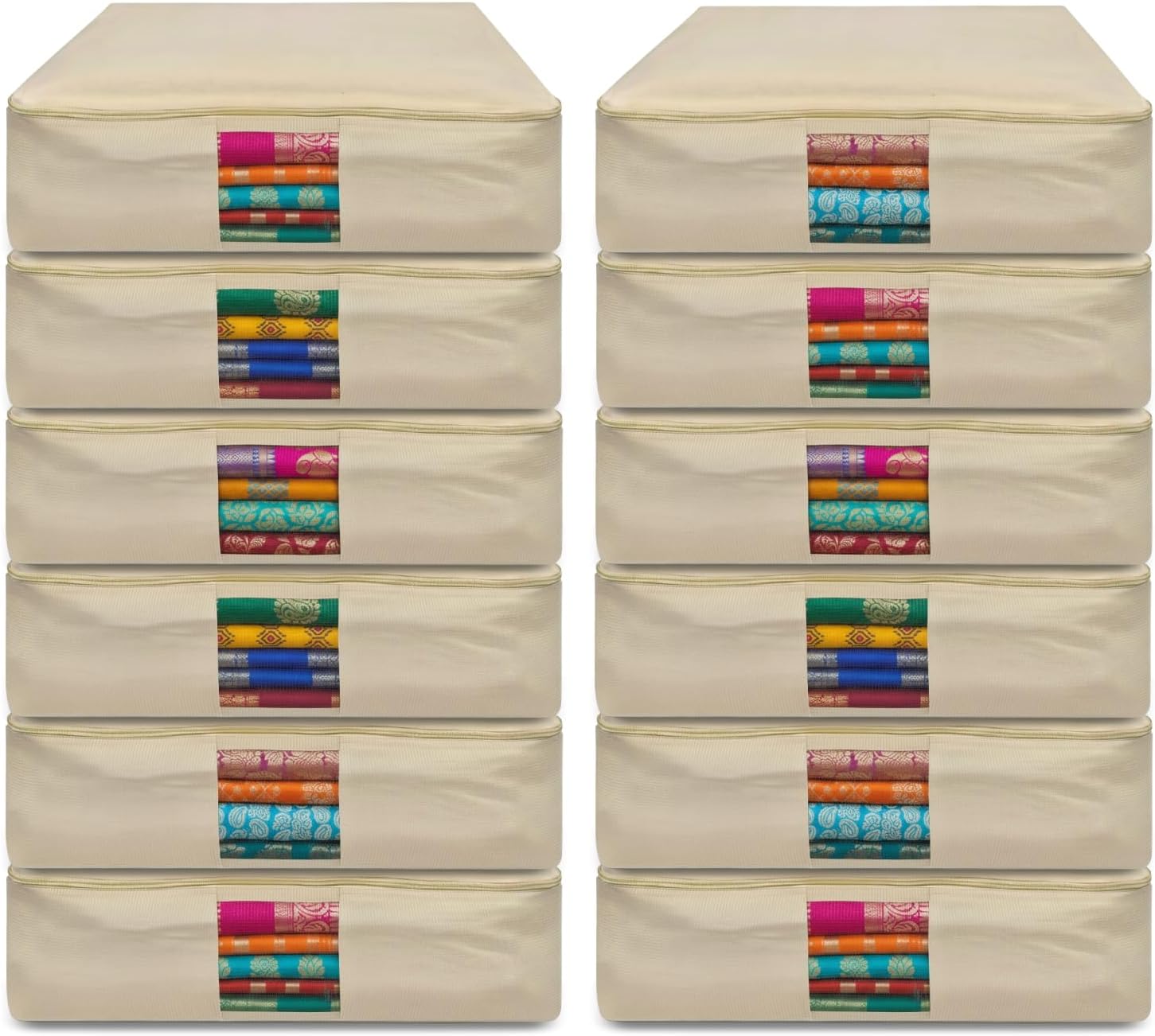 JD FRESH 12 Pcs Cotton Saree Covers/Storage Bags with Zip Cover/Space Saving Bag with Mesh Window/Wardrobe-Cupboard Organizer for Clothes/Lehengas/Bedsheets/Gowns(18 X 16 x 4.5 Inch/Brown)