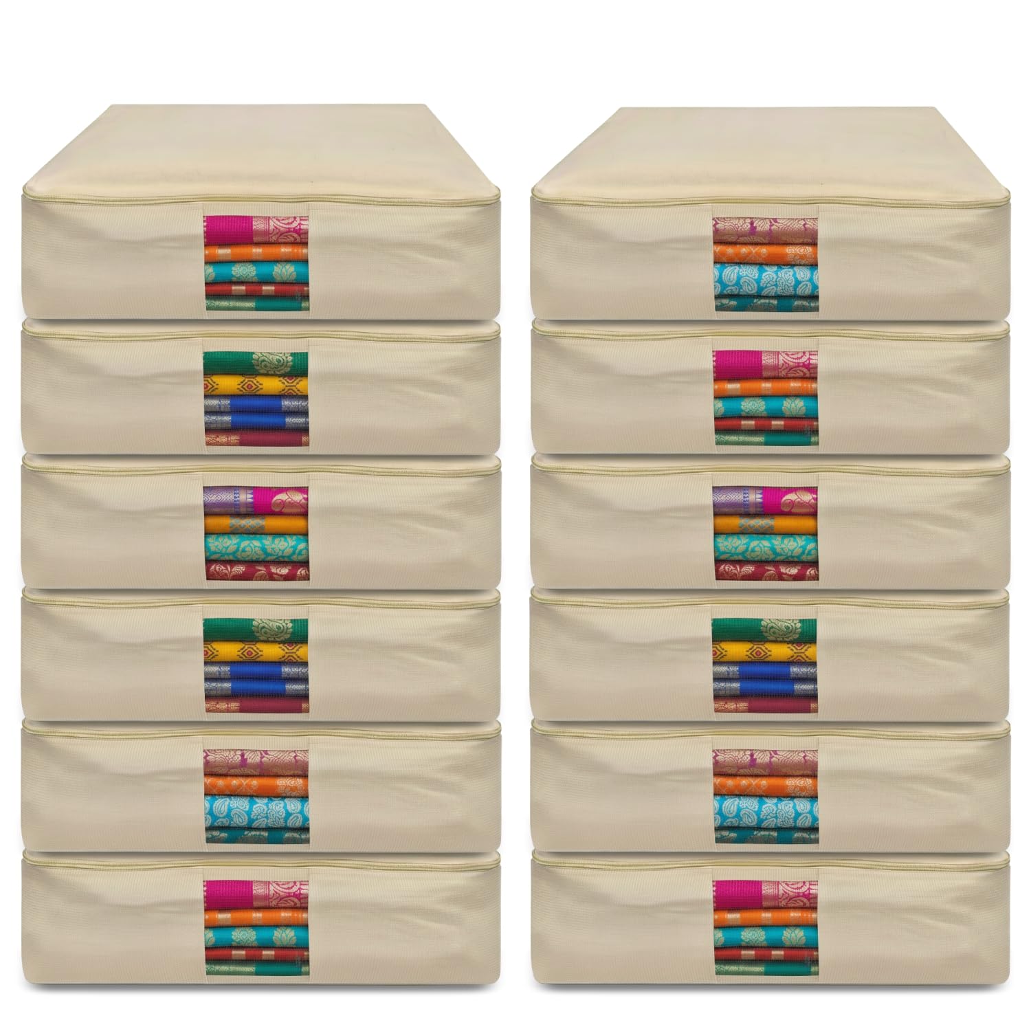 JD FRESH 12 Pcs Cotton Saree Covers/Storage Bags with Zip Cover/Space Saving Bag with Mesh Window/Wardrobe-Cupboard Organizer for Clothes/Lehengas/Bedsheets/Gowns(18 X 16 x 4.5 Inch/Brown)
