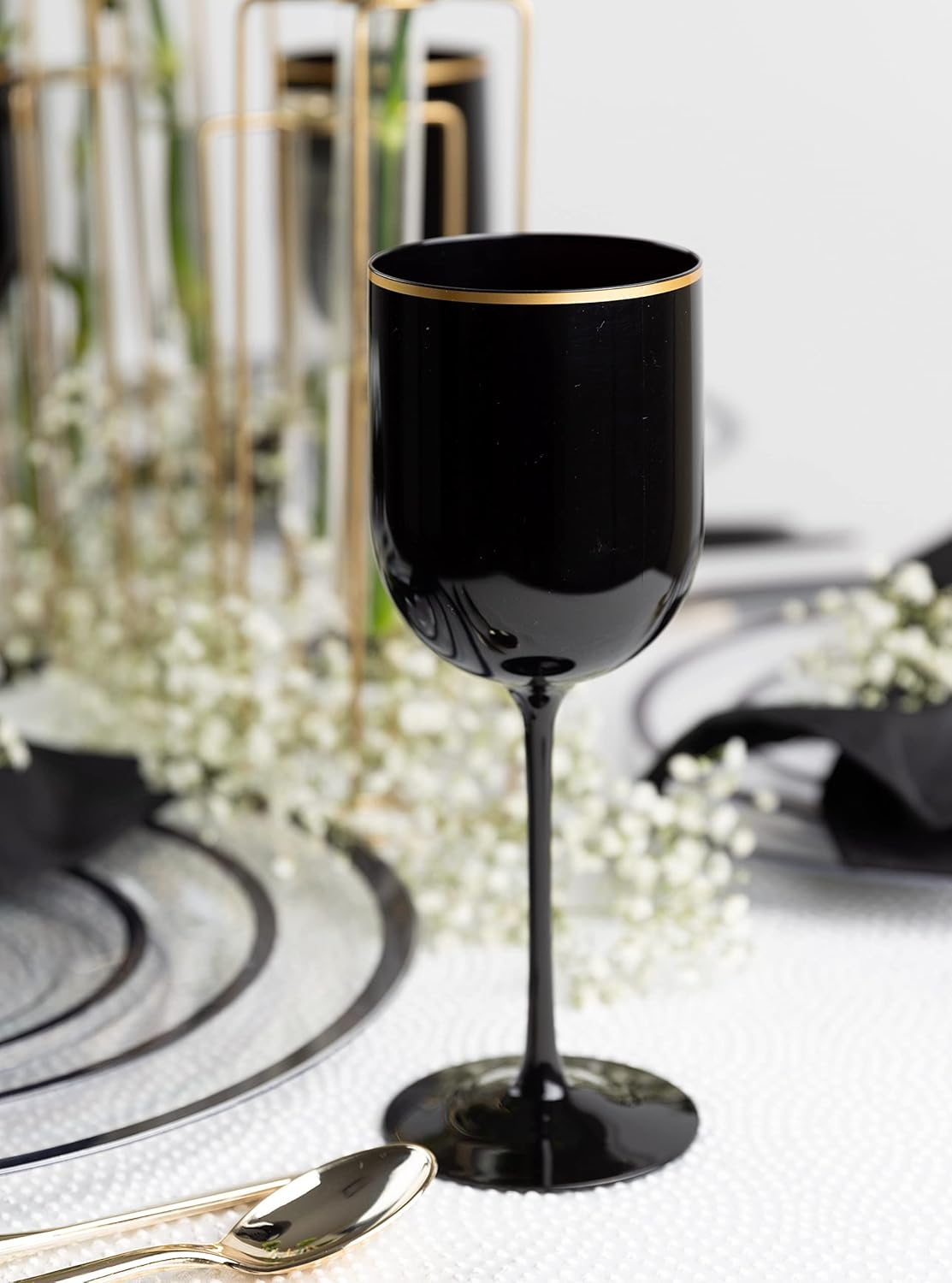 PLASTICPRO Black Wine Cup with Gold rim Plastic Wine Glasses Set of 10 Elegant Wine Goblets Hard Plastic Wine Cups on Stem 12 Ounce - Image 3