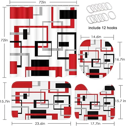 Miniatura 2 de ArtSocket Juego de baño geométrico rojo y gris con cortina de ducha, accesorios de cortina de ducha, cortina de ducha moderna negra y gris,