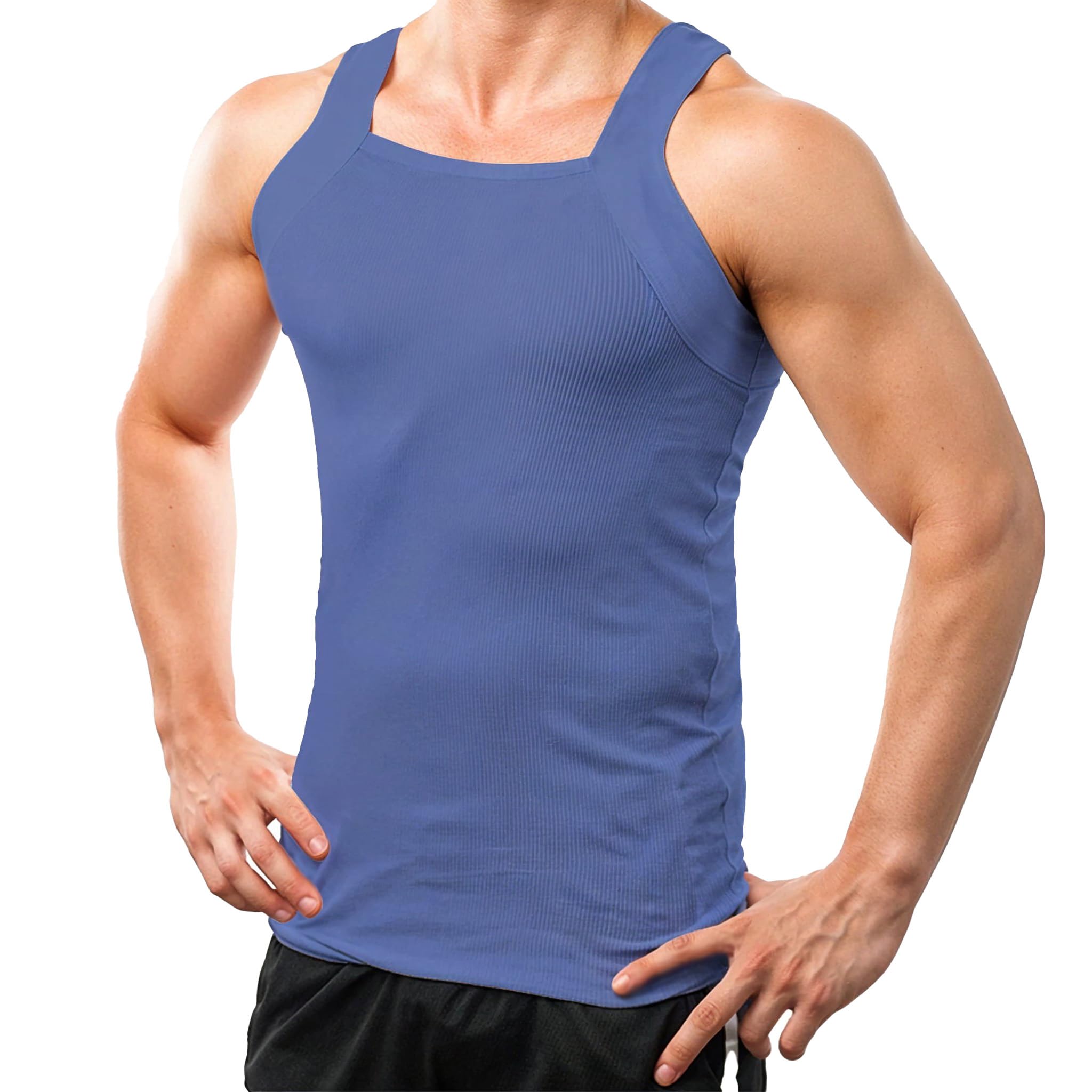 Different Touch Men Cotton Tank Top Square Cut Muscle Rib A-Shirt
