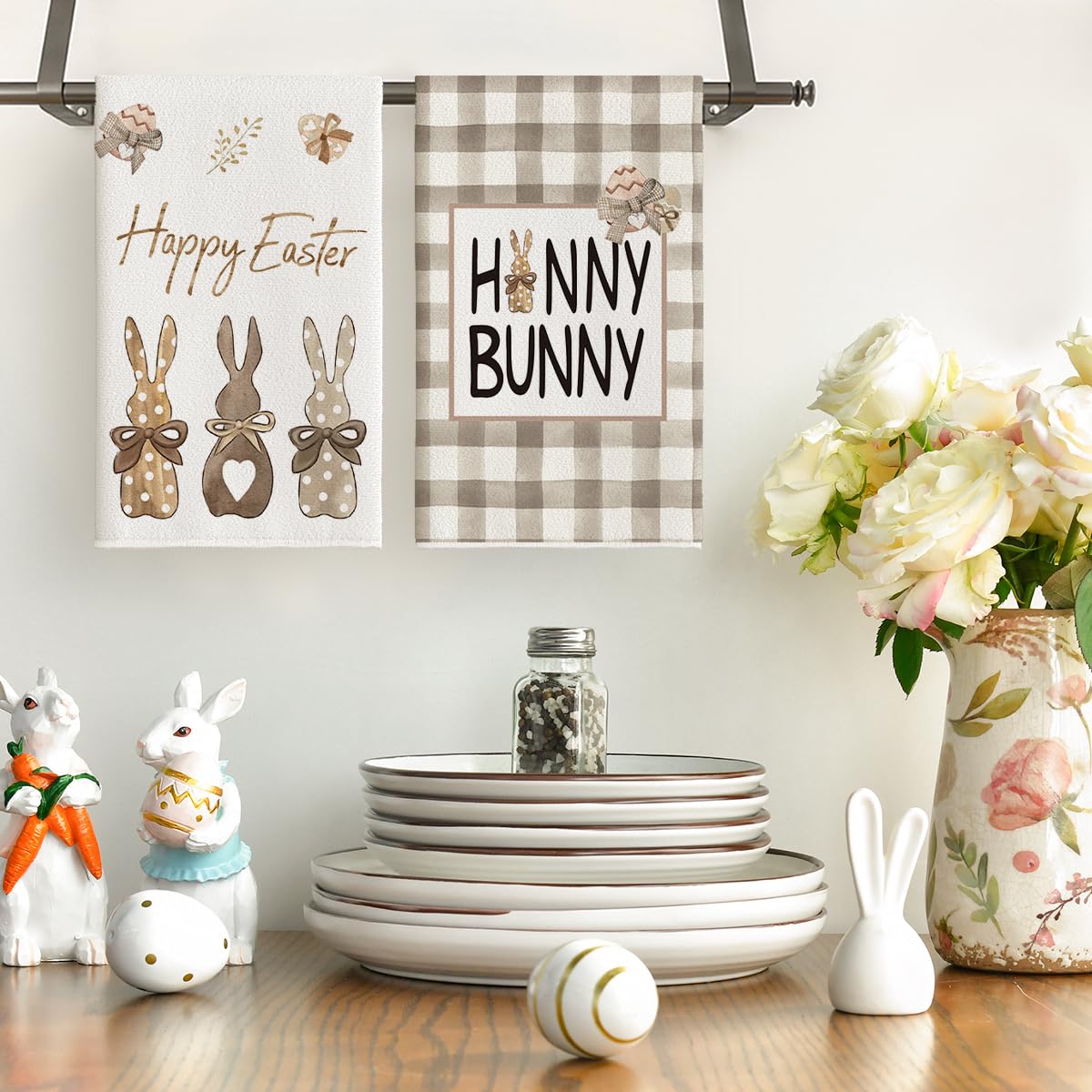 Artoid Mode Buffalo Plaid Carrots Wood Rabbit Hunny Bunny Happy Easter Kitchen Towels Dish Towels, 18x26 Inch Seasonal Spring Summer Holiday Decoration Hand Towels Set of 2