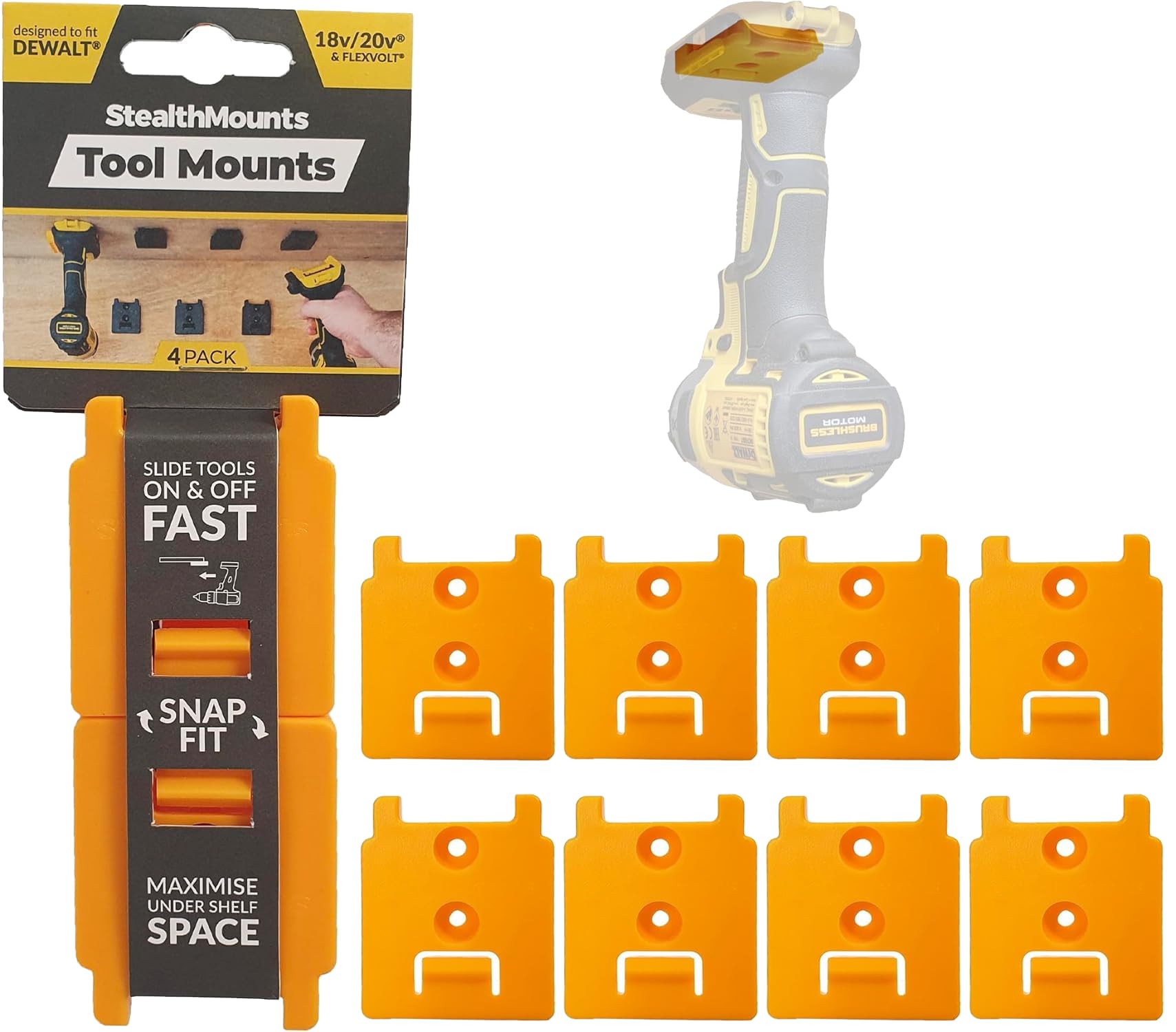 StealthMounts Locking Tool Holders for DeWalt - 8 Pack | Tool Holder Wall Mount for DeWalt | Tool Mount for DeWalt | Drill Holder for DeWalt | Made in