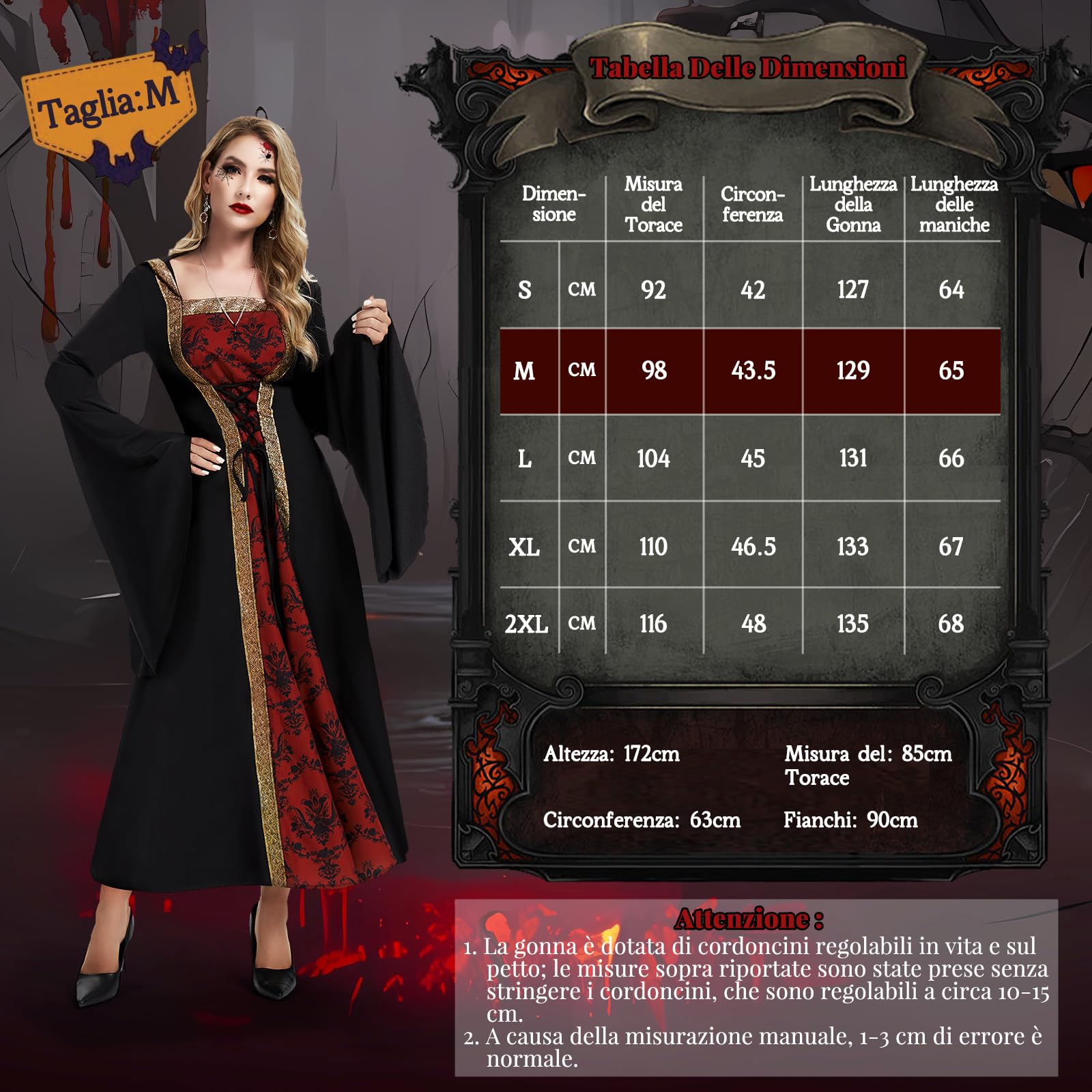 IEEILULU Vestito Vampira Donna, Vestito Medievale Donna Costume Vampiro, Costumi Halloween con Collana e Orecchini, Costumi per il Ballo in Maschera di Halloween