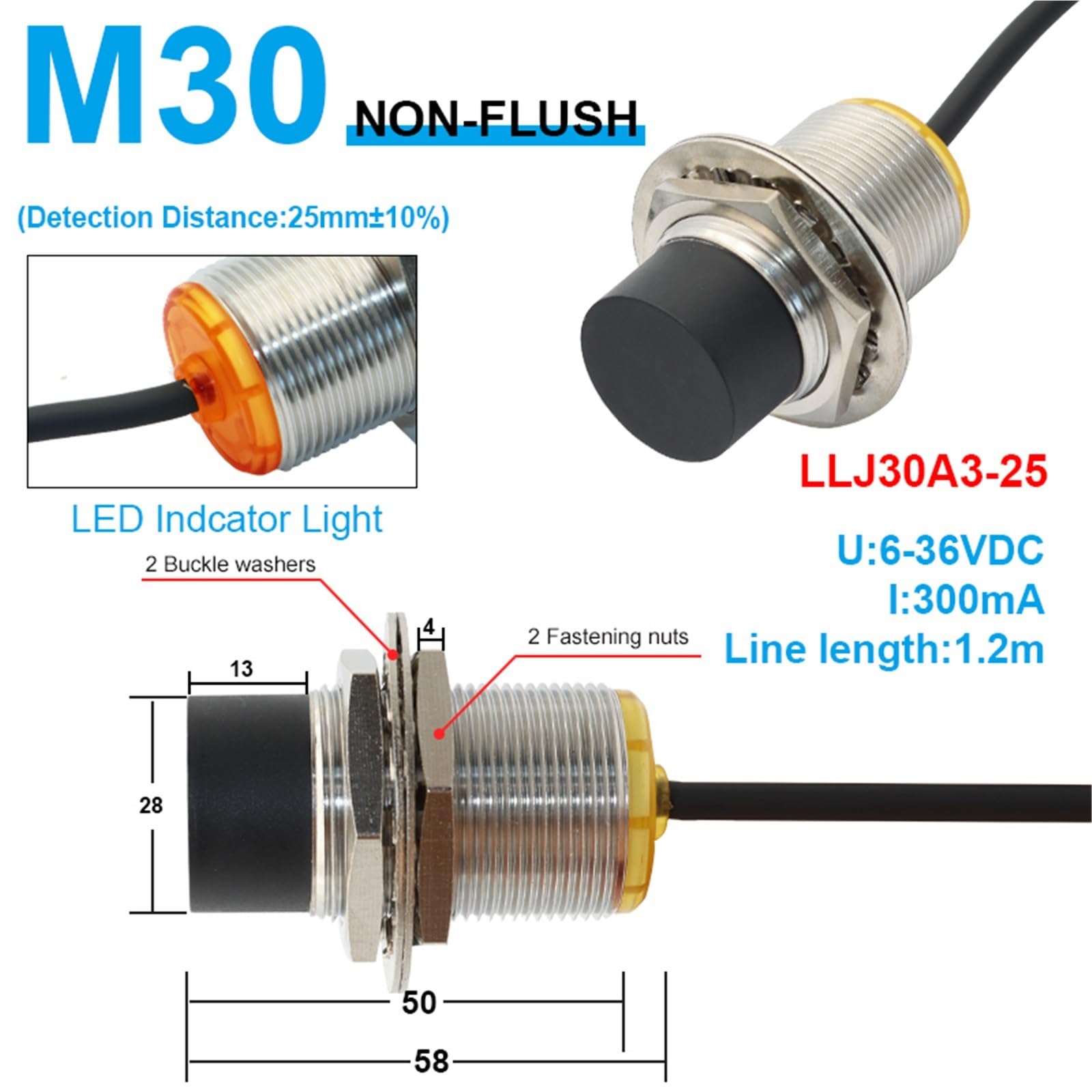 1 szt. M8 M12 M18 czujnik zbliżeniowy dalekiego zasięgu zasięg wykrywania 2/4 4/8 10/15 15/25 mm PNP NPN NO NC LLJ12A3 AC DC 6-36V (LLJ8A3-2, NPN NO)