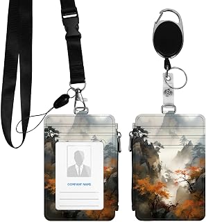 PU Leather ID Badge Holder with 3 ID Cards Card Slots and Lanyard Badge Holder with Retractable Reel Clips ID Card Holder for Nurse Medical Teacher Student,Mountain with Fog