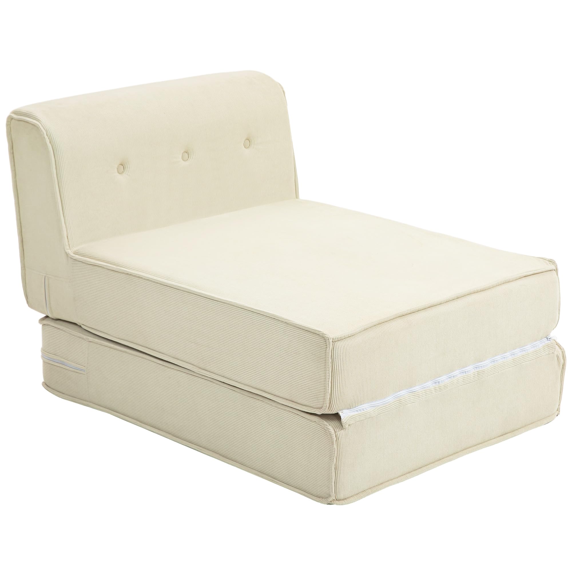 HOMCOM Fauteuil Convertible 1 Place Fauteuil Paresseux chauffeuse Une Place - Dossier capitonné, Matelas Pliable - pour invités, Salon, Charge 240 kg, Velours côtelé crème