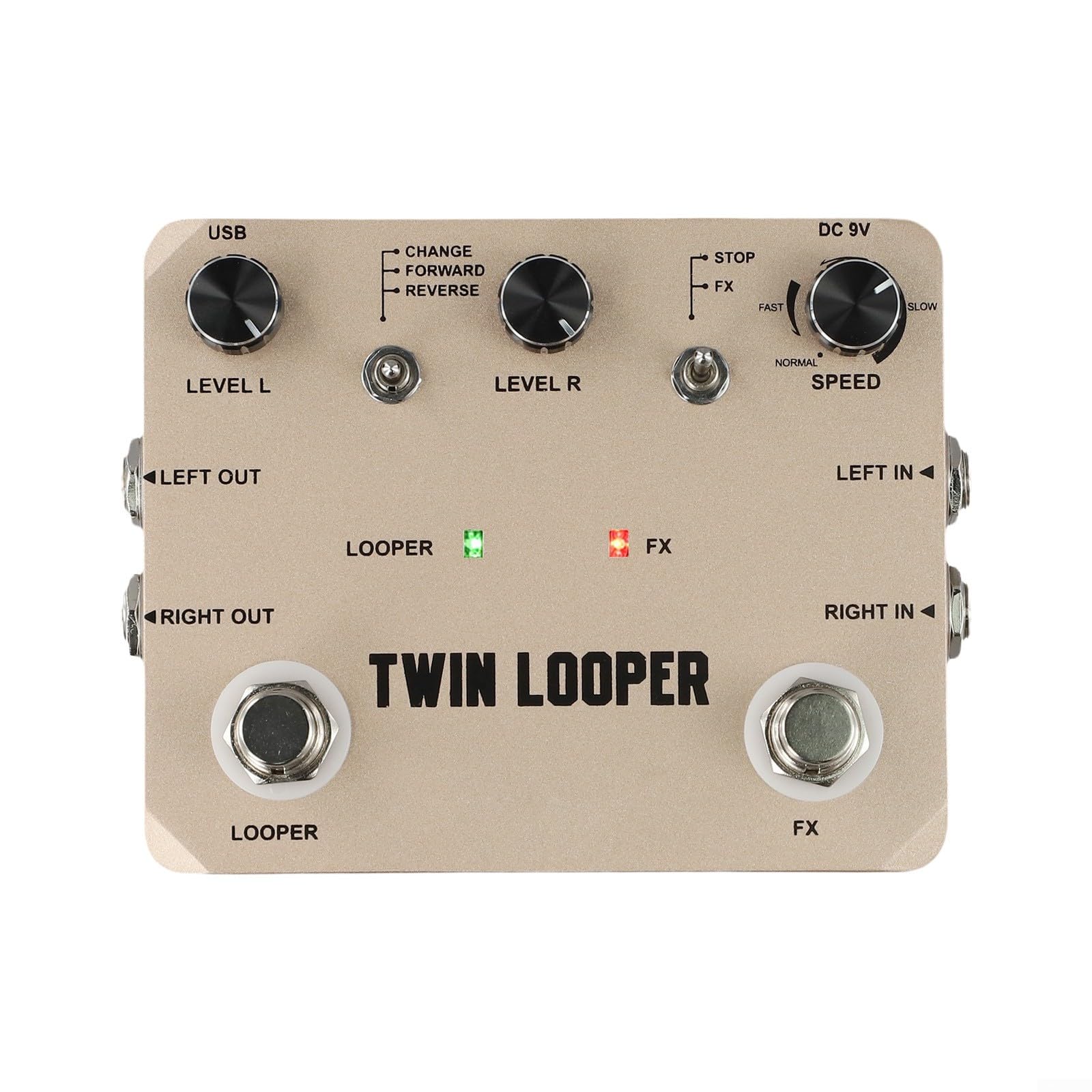 Rowin - Pedal de efecto Looper para guitarra eléctrica, 11 modos, incluyendo cambio de marcha atrás y velocidad, tiempo de grabación de 10 minutos, estéreo, True Bypass, acabado dorado