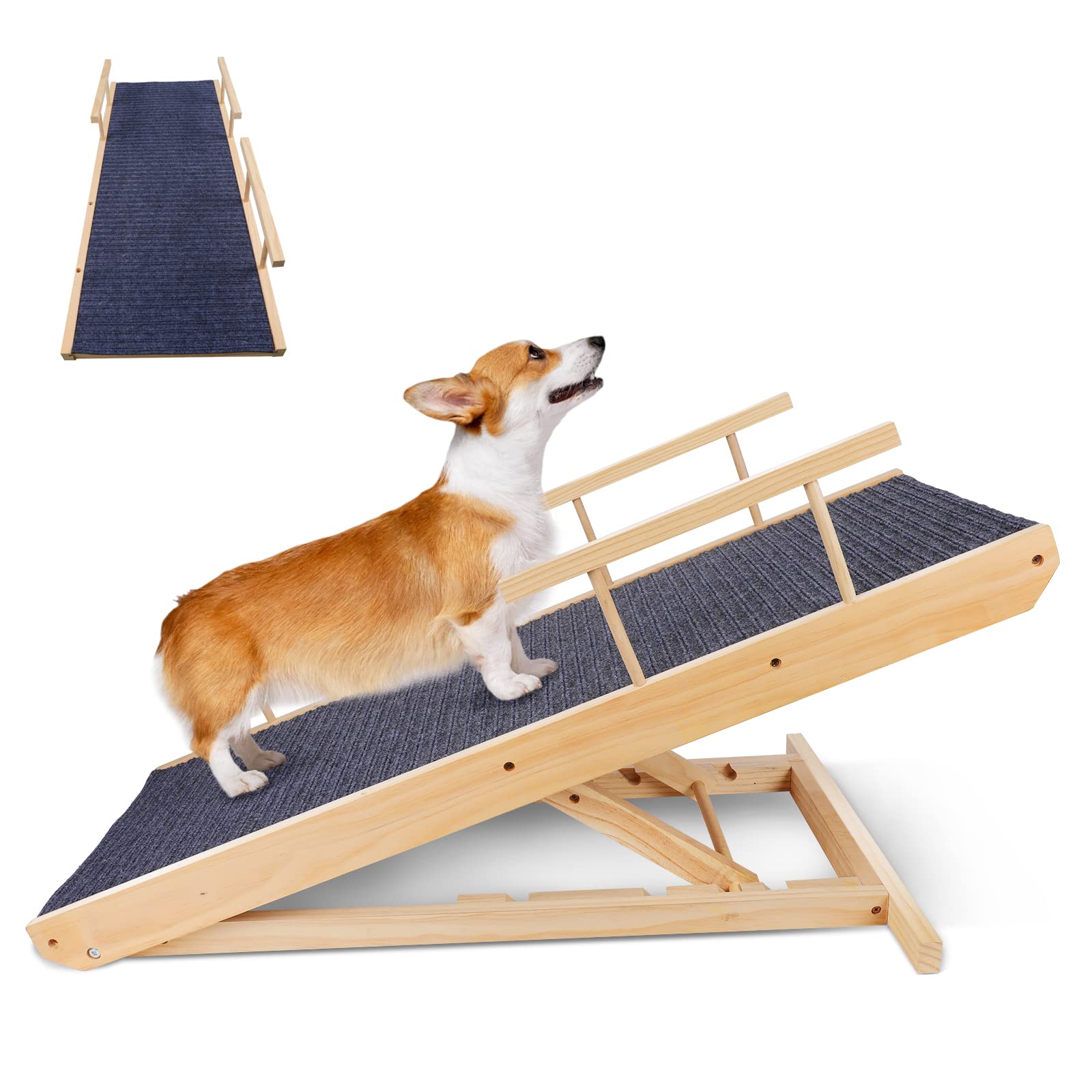 Topmart Adjustable Wood Pet Ramp for Dogs,Non Slip Folding Dog Ramps with Safety Side Rails,Height from 10.2" to 23.6",Up to 100 Lbs