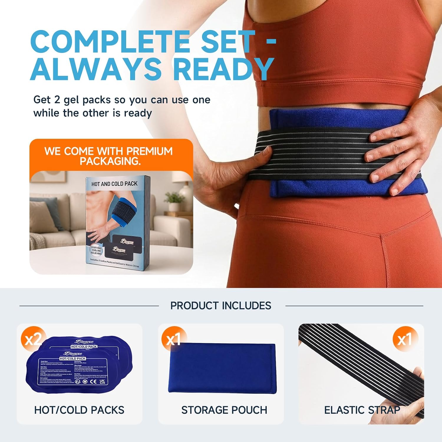 BICAREE Ice Packs for Injuries Reusable (3-Piece Set), Hot & Cold Gel Pack with Adjustable Wrap for Joint and Muscle Pain, Swelling, Knees, Back, Shoulder