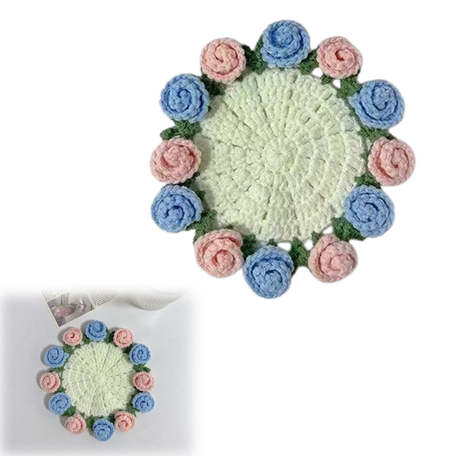Tsophreniq Hand Knitted Miniature Blanket Rose Bouquets Coasters Set with 3D Flower for Cup Mugs Table Decors Blossomy Cup Mats Miniature Blanket Rose Arrangement