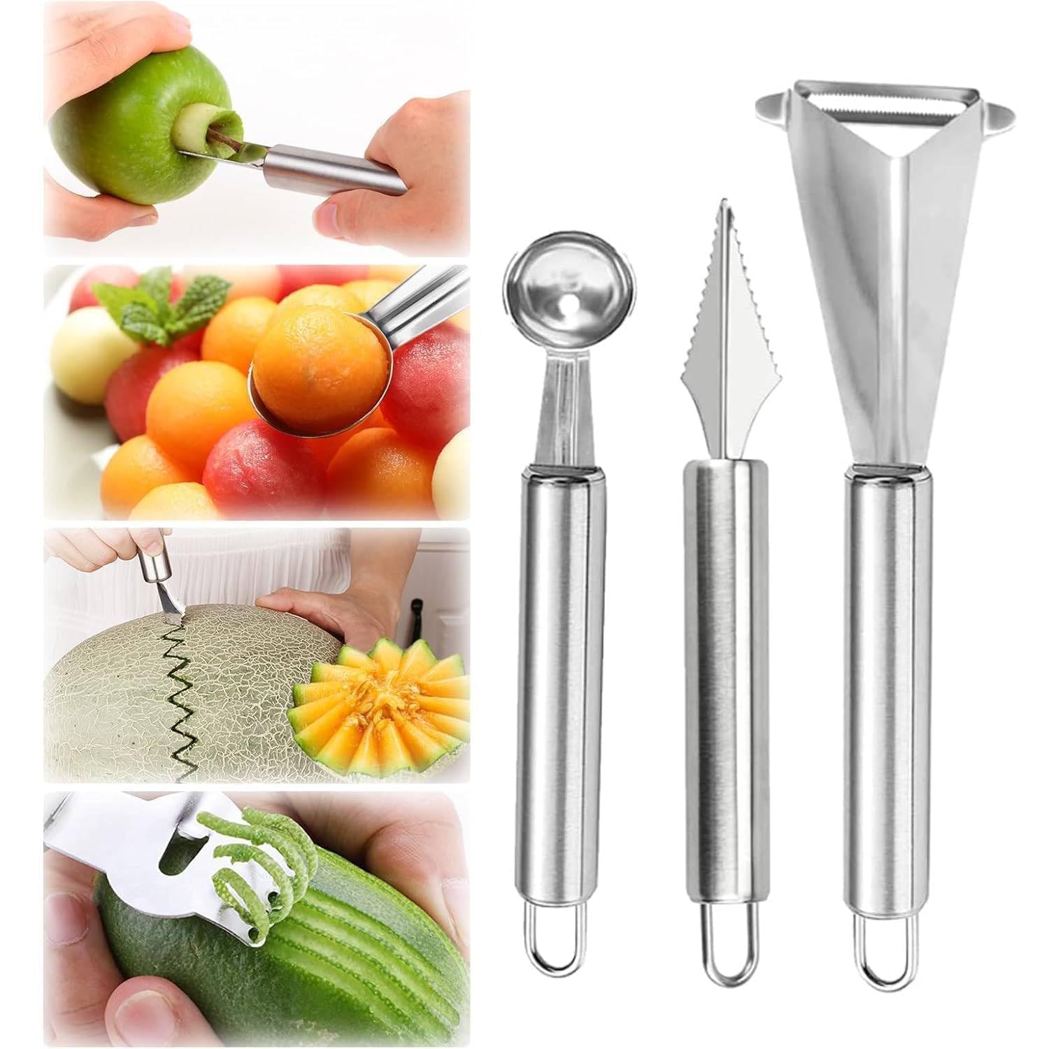 3 Pièces Outils À Fruits Pousse-Pomme Cuillère À Boule De Melon Couteau De Sculpture En Acier Inoxydable Pour Creuser Et Sculpter Des Fruits, Cuisine Maison