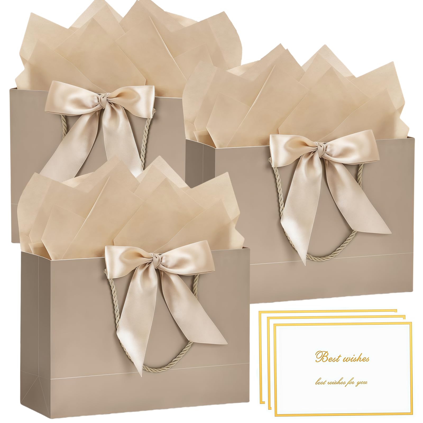 3 Pack Medium Gift Bags with Tissue Paper and Cards, Champagne Gold Paper Present Bags with Handles for Birthday Wedding Bridesmaid Baby Shower Christmas, 28 x 20 x 10 cm — image 1
