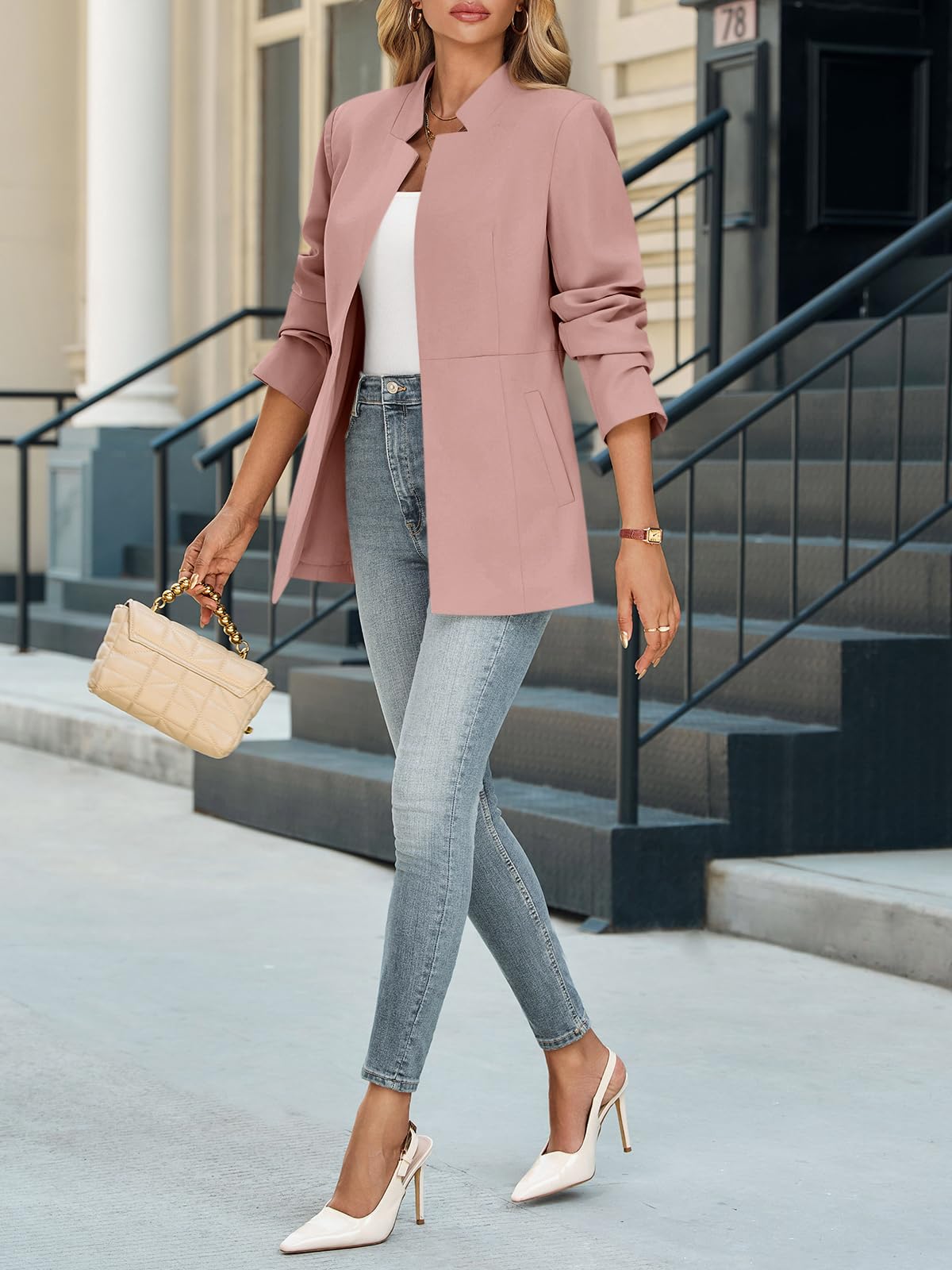 Cicy Bell Blazer décontracté à manches longues ouvert sur le devant et col montant pour femme