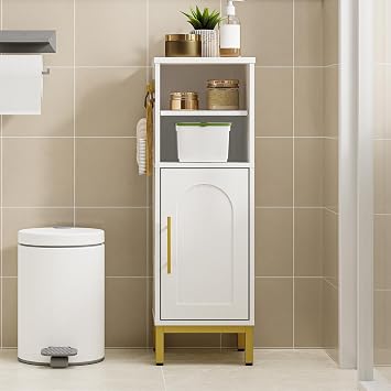 Hzuaneri Bathroom Storage Cabinet, Corner Floor Cabinet with Door & Shelves, 2Hooks, Small Narrow Storage Organizer, Toilet Paper Cabinets for Small Space, White SC06313G