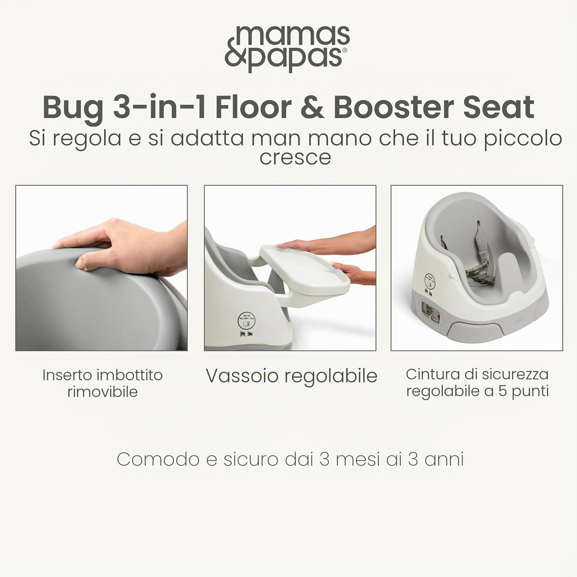 Mamas & Papas Baby Bug seggiolino pappa, vassoio staccabile, imbracatura, seduta regolabile e piedini antiscivolo, Pebble Grey
