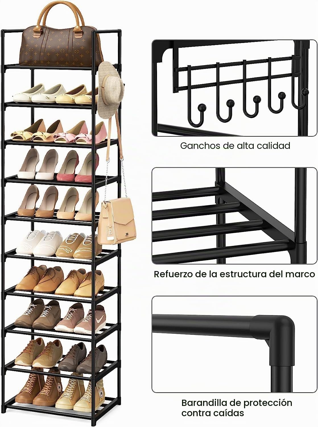 Vicye Estante Zapatero Estrecho, Estante para Zapatos de 10 Niveles, para 20-25 Pares, Zapatero Organizador Metalico, para Entrada de casa, Pasillo y Armario, Negro