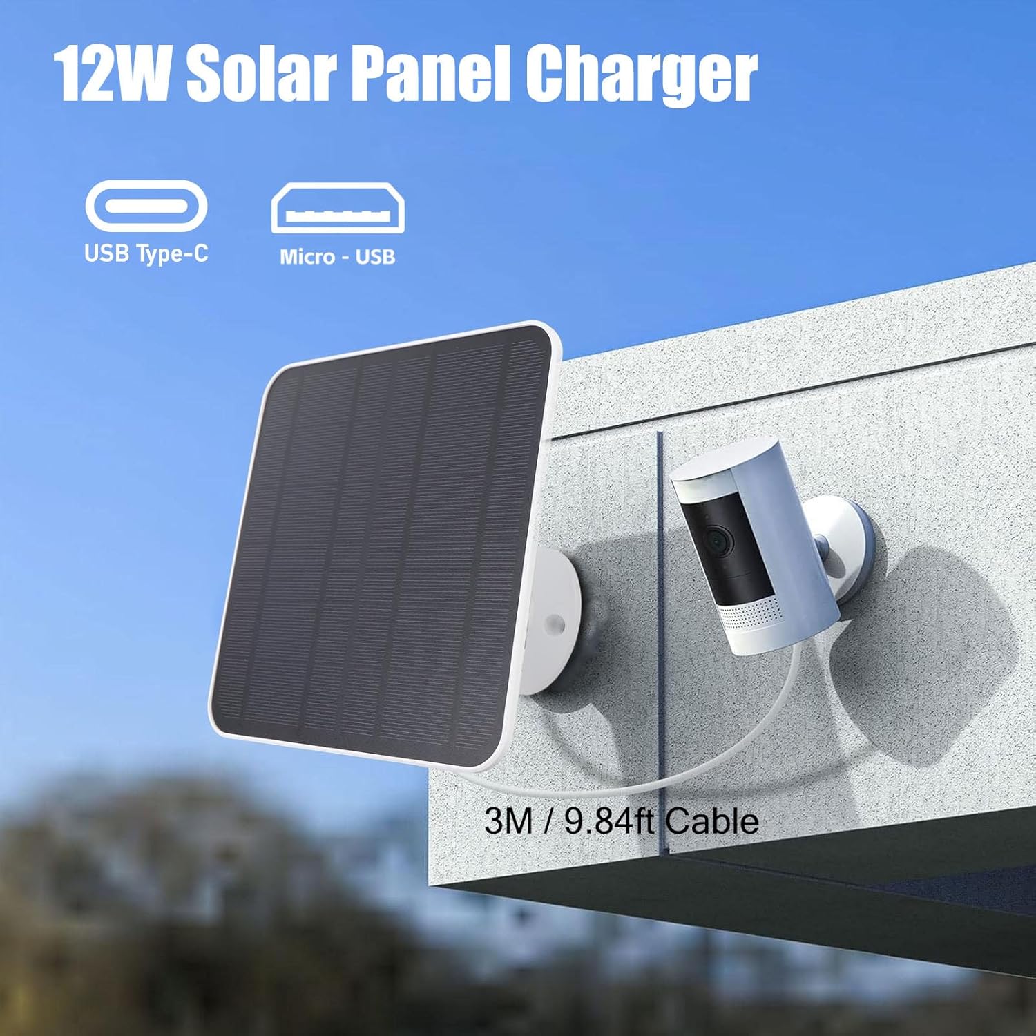 Solar Panel Charger,12W Solar Panel with Micro USB & USB C Plug for Bird Feeder Camera,Doorbell,Security Camera etc with 360°Adjustable Mounting,9.8Ft Charging Cable