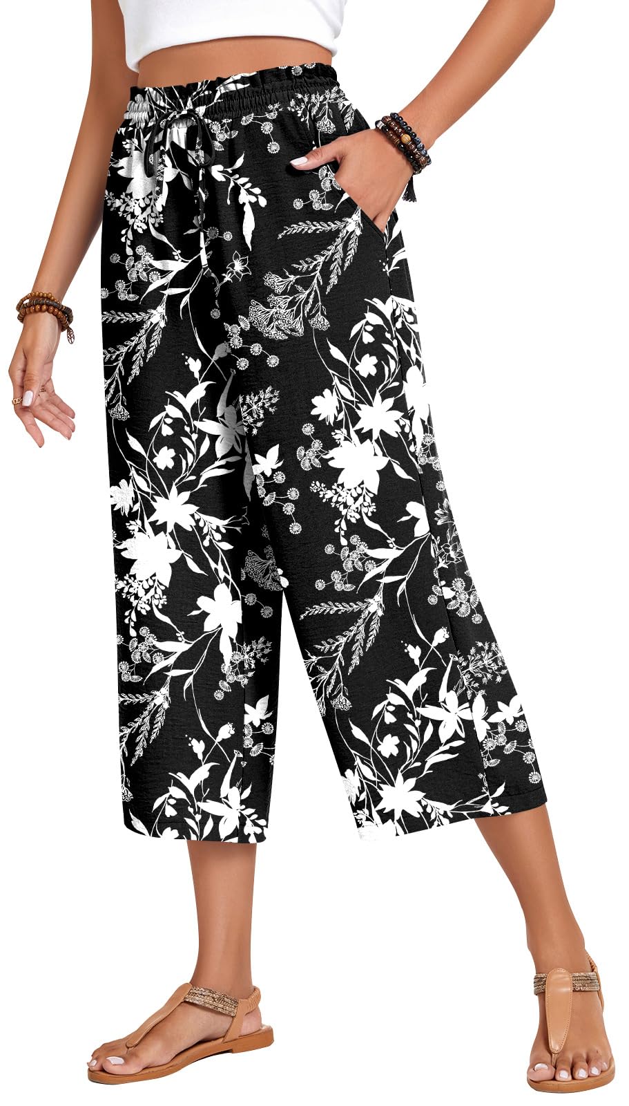 Anyhold Women's Capri Pants Drawstring Casual Palazzo Trousers with Pockets Loose High Waisted Wide Leg Lounge Pants