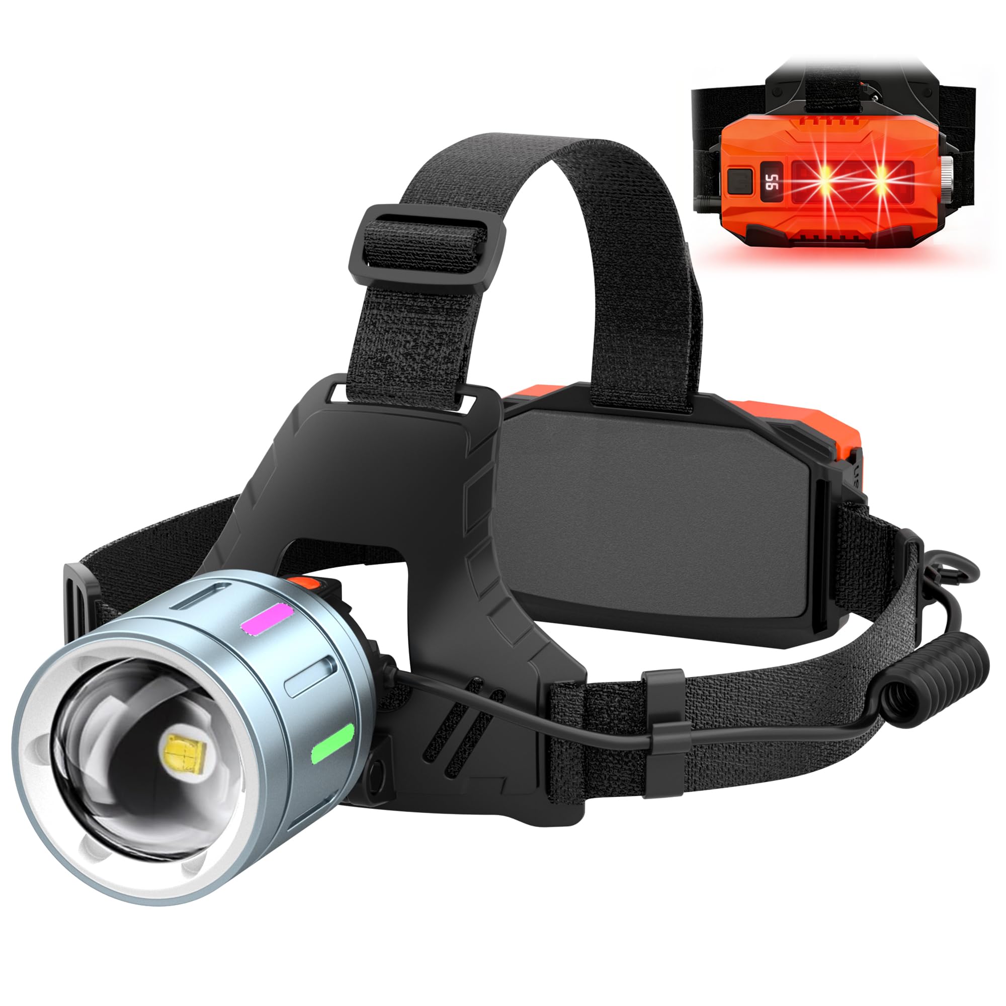 Head Torch Rechargeable 3000L, 9000mAh Phone Charger, Super Bright Headlamp 12 Light Modes, IPX7 Waterproof Adjustable Led Headlight, Headtorch Battery Powered with Red Light for Power Cuts Emergency