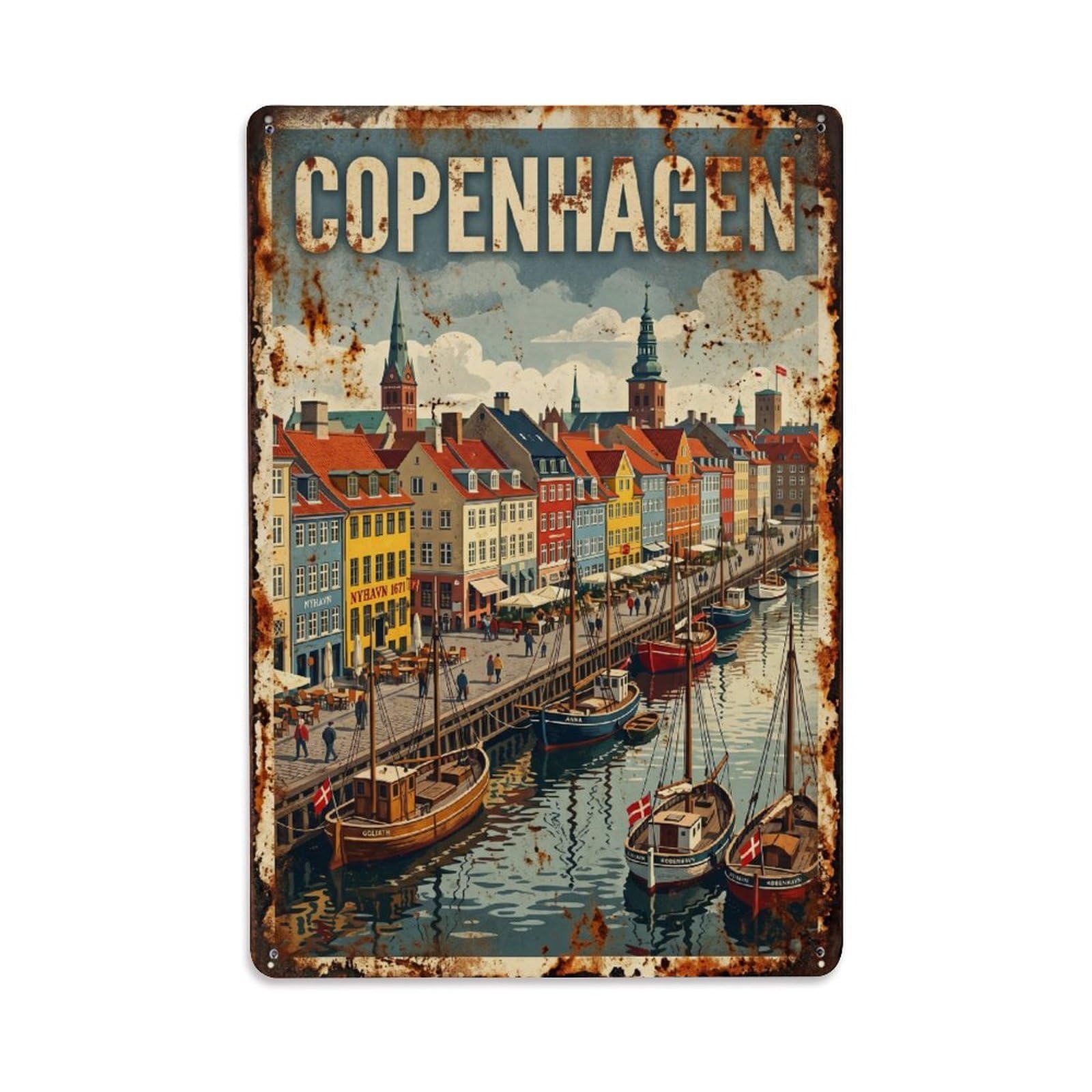 Cmhok Vintage Style Vintage Travel Copenhagen Denmark Metal Tin Sign Wall Decor For Cafe, Club, Garden Metal Poster 8X12inch