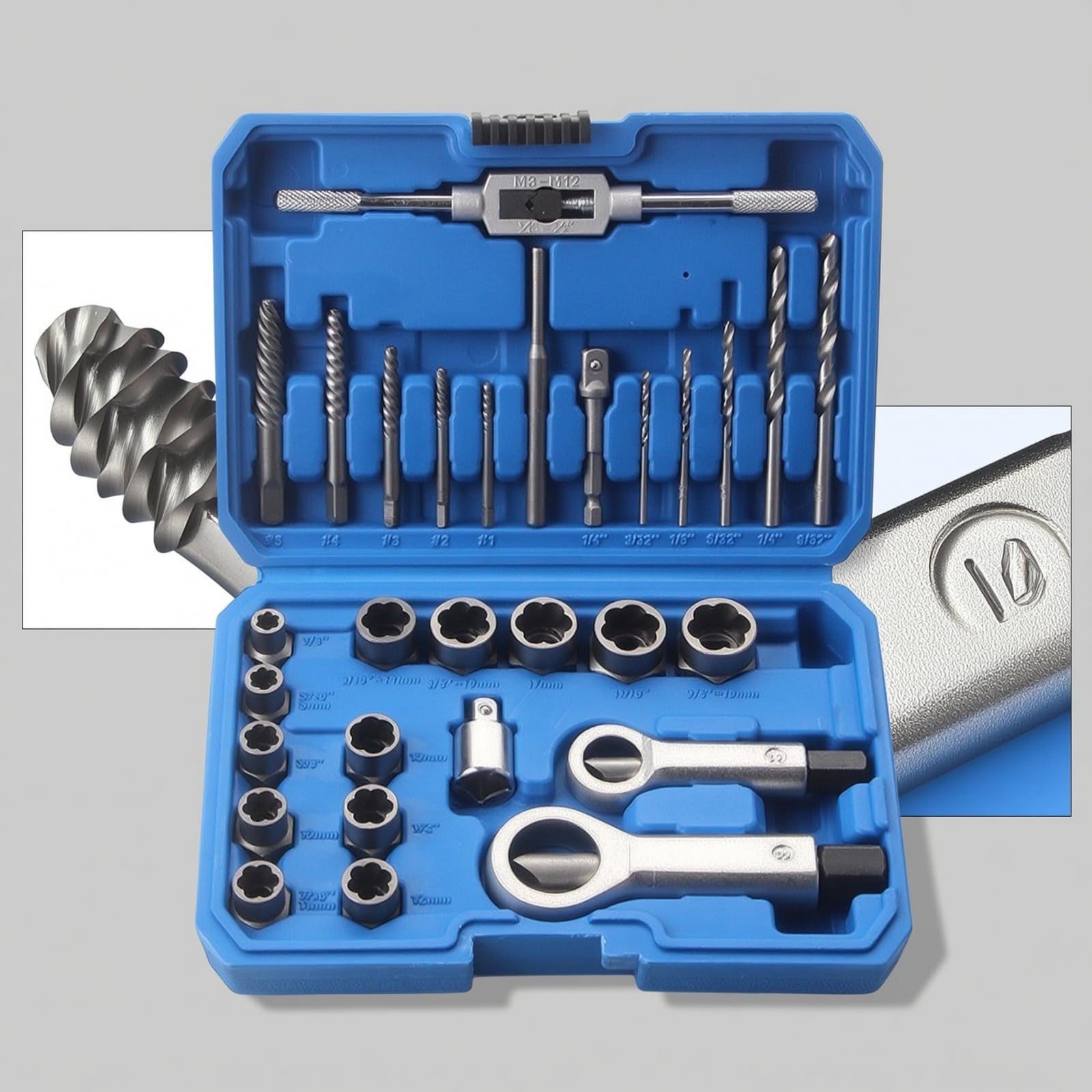 MagiDeal Estrattore Viti Danneggiate Set Rimozione Viti Estrattore Bulloni Estrattore Dadi con Bussole Antiscivolo Custodia Rigida Resistente Struttura Pesante, Blu