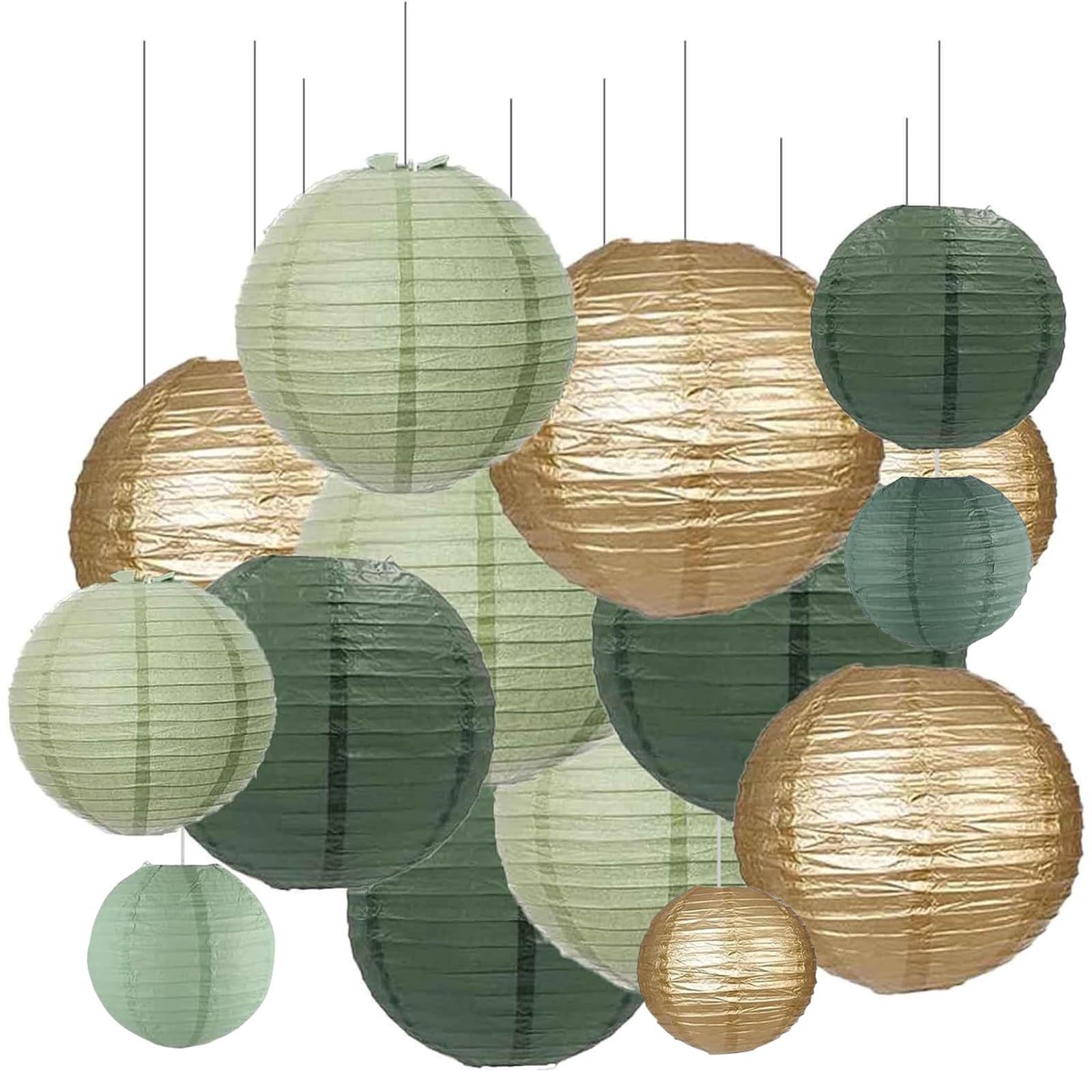 Simdao Green 21Pcs Sage Gold Paper Lanterns, Hanging Paper Lanterns For Wedding, Christening,Communion, Birthday Party(Ø 15Cm/20Cm/25Cm/30Cm)