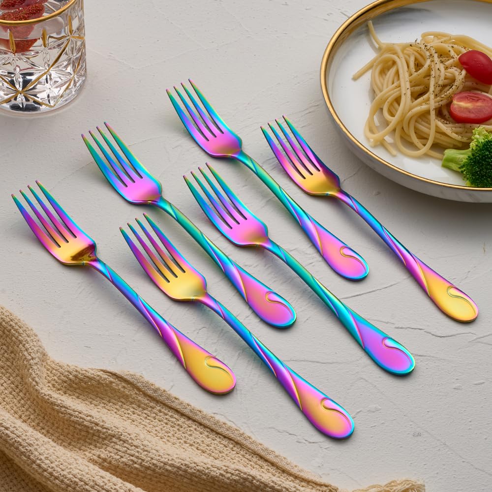 Rainbow Dinner Fork Set, 7.8-inch Stainless Steel Flatware Forks, Shiny Rainbow Metal Table Forks Silverware, Set of 6 — Amazon image 3