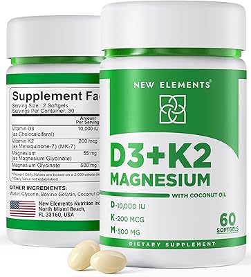 New Elements Vitamin D3 K2 10,000 IU with Magnesium Glycinate 500mg - Bone Health, Immune Support, Energy & Mood - Non-GMO, Gluten-Free, Sugar-Free Softgels for Women & Men 60 softgels