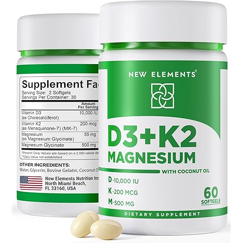 New Elements Vitamin D3 K2 10,000 IU with Magnesium Glycinate 500mg - Bone Health, Immune Support, Energy & Mood - Non-GMO, Gluten-Free, Sugar-Free Softgels for Women & Men (60 softgels)