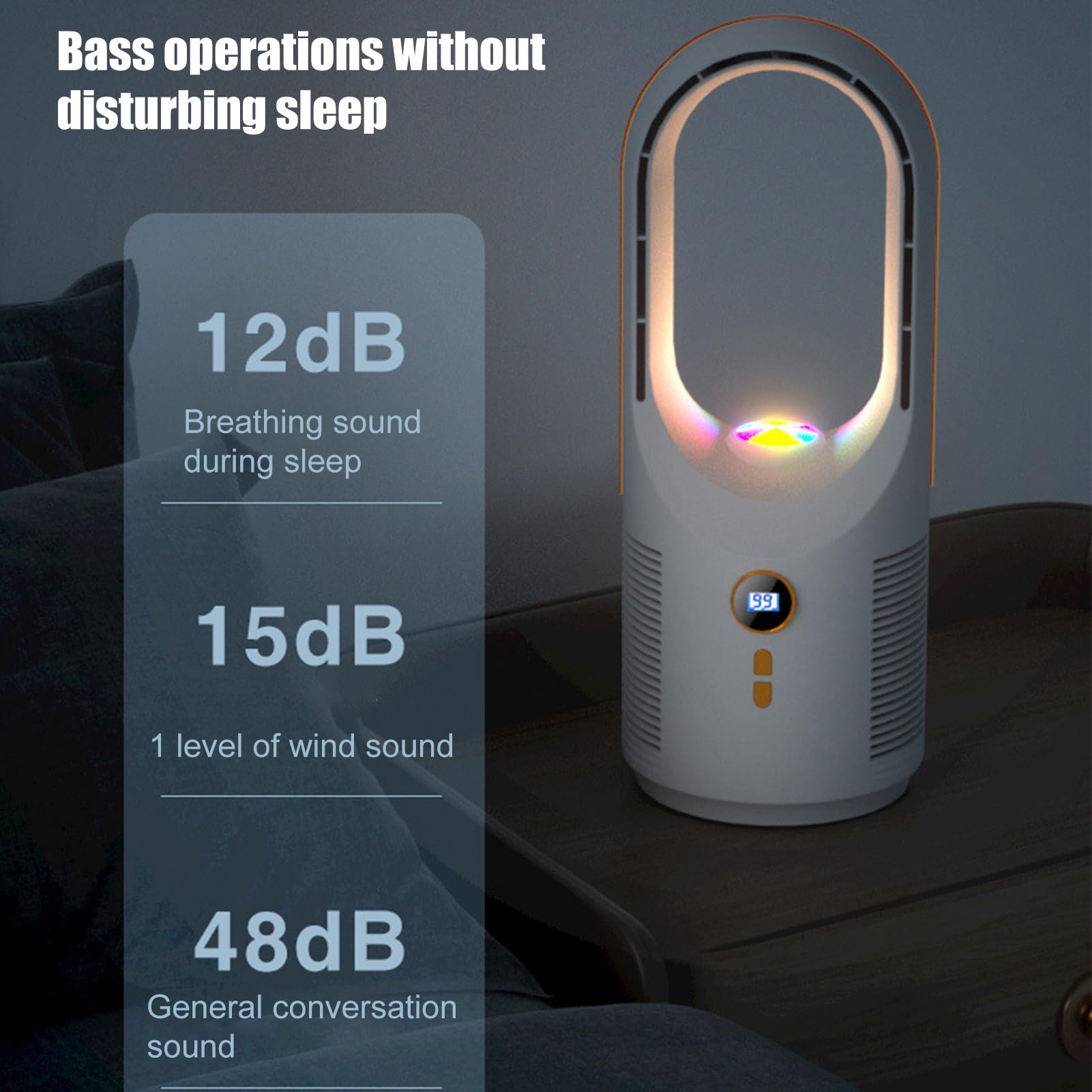 ventilatore da scrivania senza pale, 5 velocità, silenzioso, senza pale, per ufficio, luce notturna, 1800 mAh, per campeggio, soggiorno, camper, viaggi, camera da, auto, ufficio