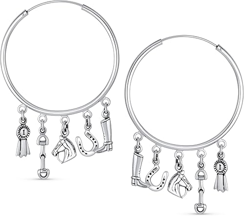 Miniatura 2 de Western Jewelry Blue Ribbon Horse Riding Boot Horseshoe Dangle Multi Charms Cowgirl Equine Gift Equestrian Big Horse Hoop Earrings Bracelet Cuff