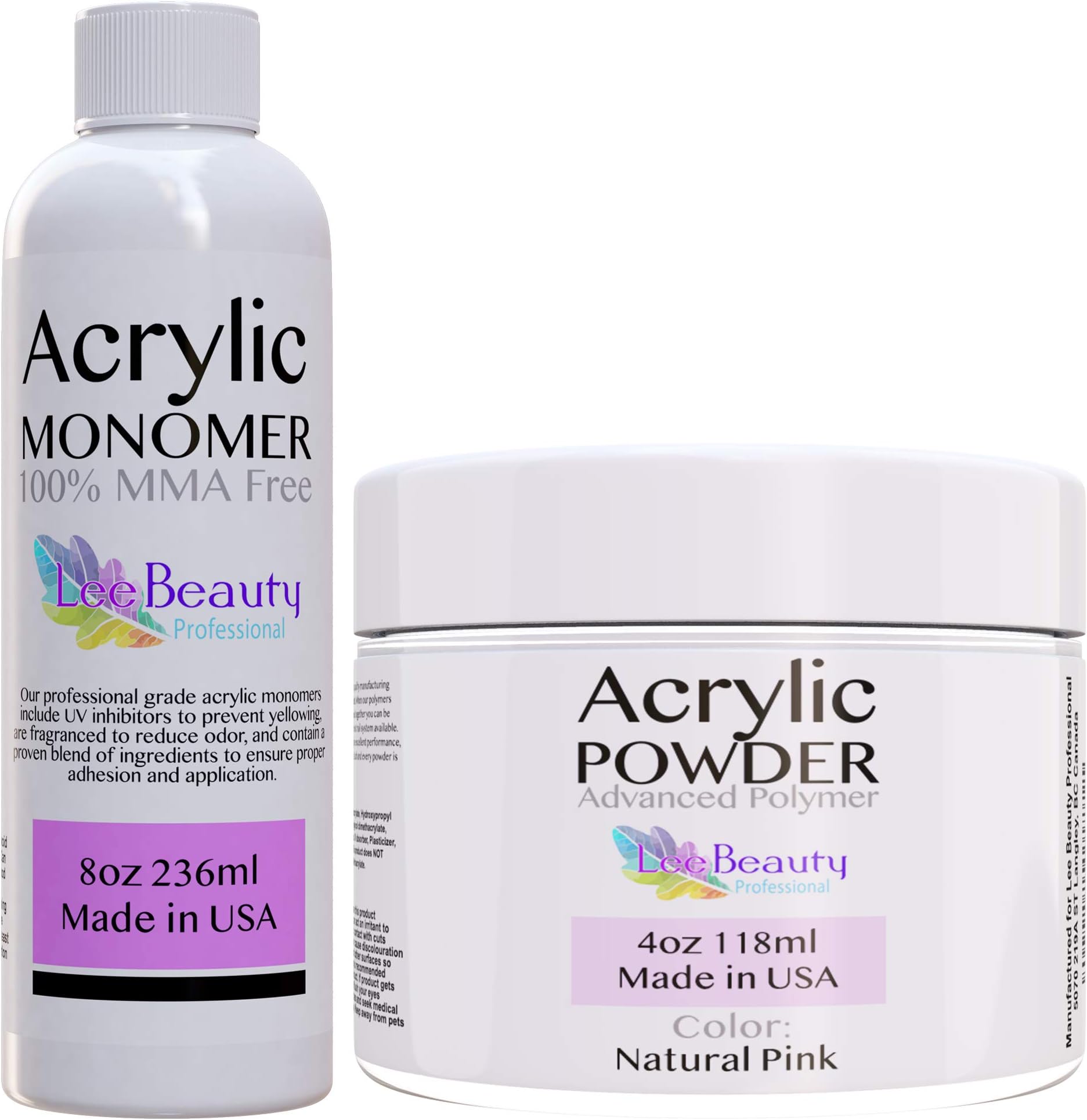 Natural Pink - 4oz Nail Powder and 8oz Monomer for doing Acrylic Nails at Home. Professional grade acrylic nail powder, for nail tips, & overlays.