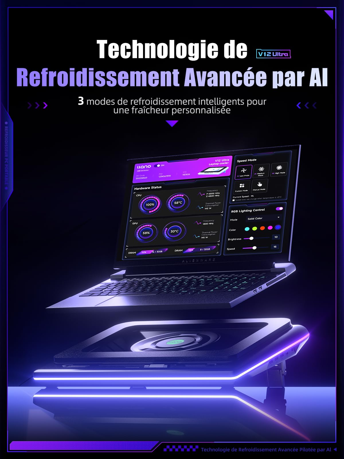 llano V12 Ultra Refroidisseur d'Ordinateur Portable 5,5 Pouces 3 Ports USB 3.0 15,6-19 Pouces