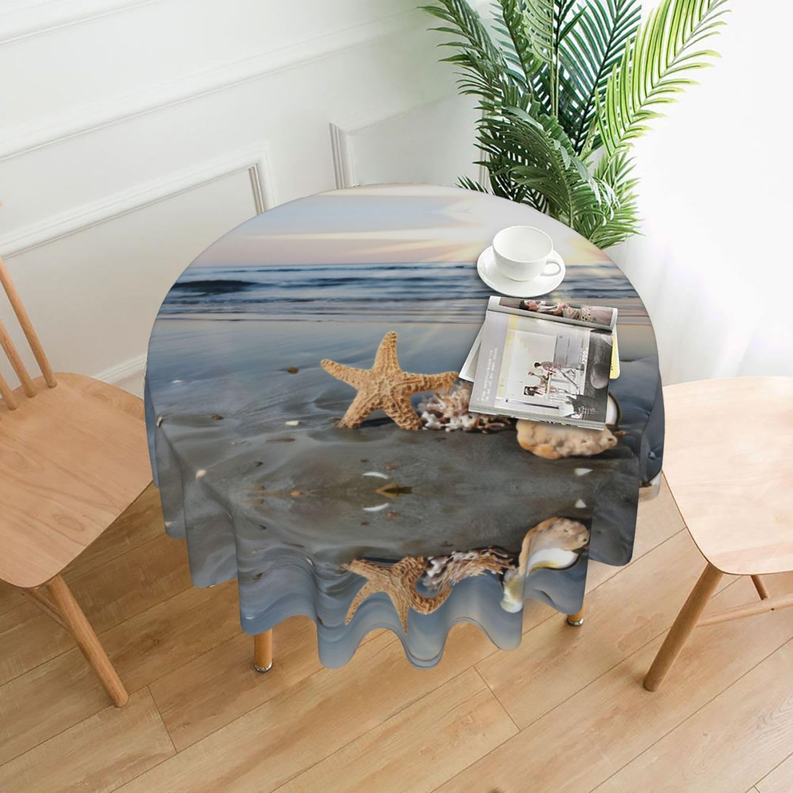 WHJSSF Seashells On The Beach Prints Round Decorative Table Throw 60 Inch – Waterproof Table Cover for Dining, Coffee Tables, and Outdoor Events