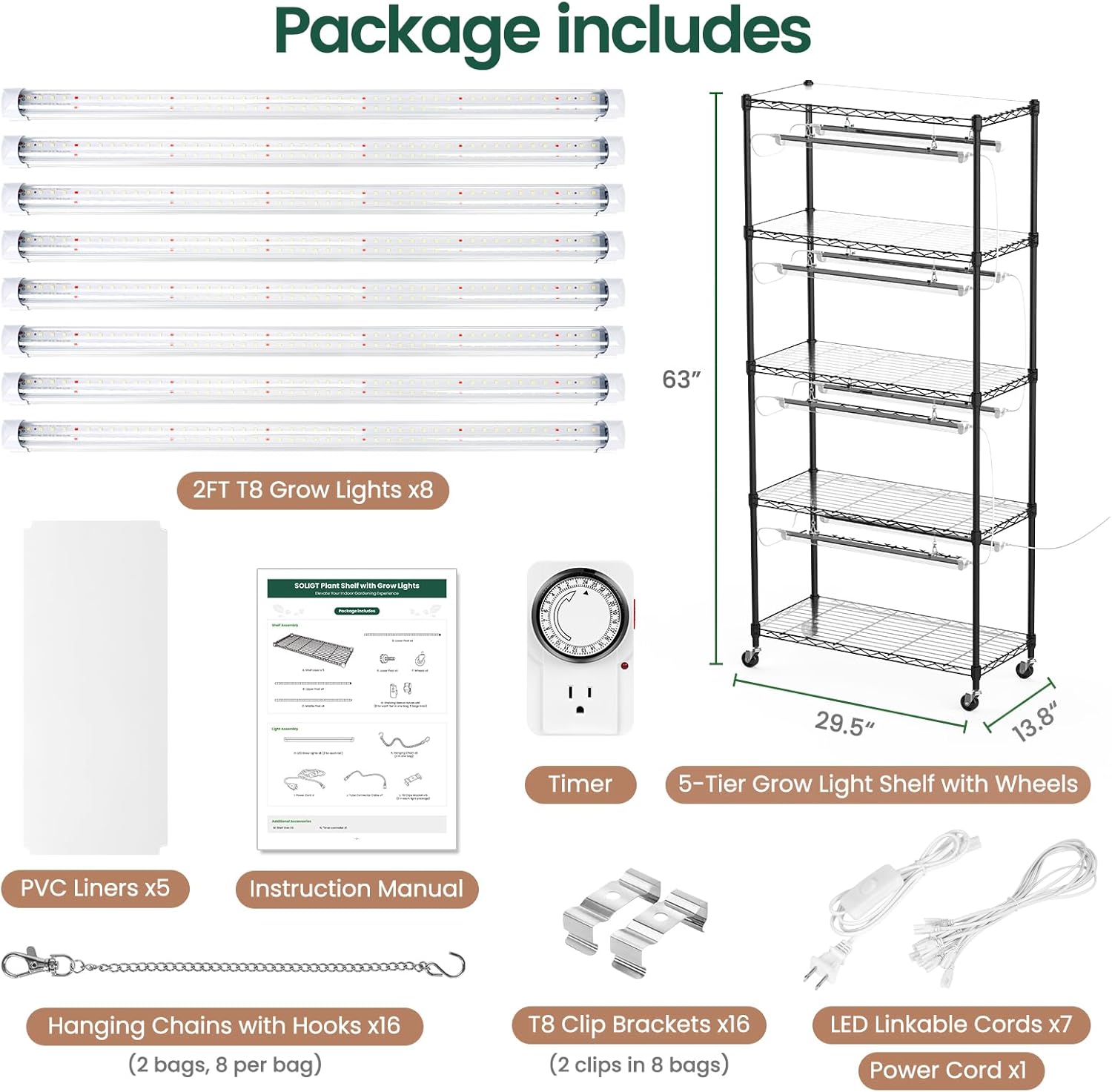SOLIGT Plant Shelf with Grow Lights, 5 Tier Grow Light Stand Rack with 8 Pack 2FT 6000K T8 Full Spectrum Led Grow Lights for Indoor Plants, Seed Starting, Seedling Growing, Timer Included