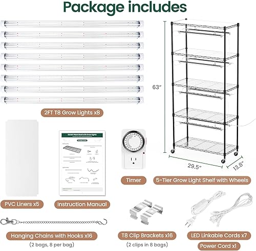 Miniatura 3 de SOLIGT Estante para plantas con luces de crecimiento, estante de 5 niveles con 8 unidades de 2 pies 6000 K T8 de espectro completo LED de espectro